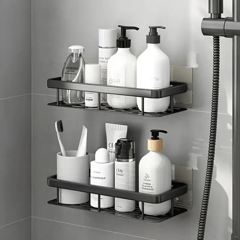 SPITEN White Plastic Rectangular Wall Shelves - 2 Pack Self-Adhesive Bathroom Storage Rack, Strong Shower Shelf for Organizing Toiletries, Cosmetics & Essentials - Perfect for Small Spaces, Apartments & Dorm Rooms