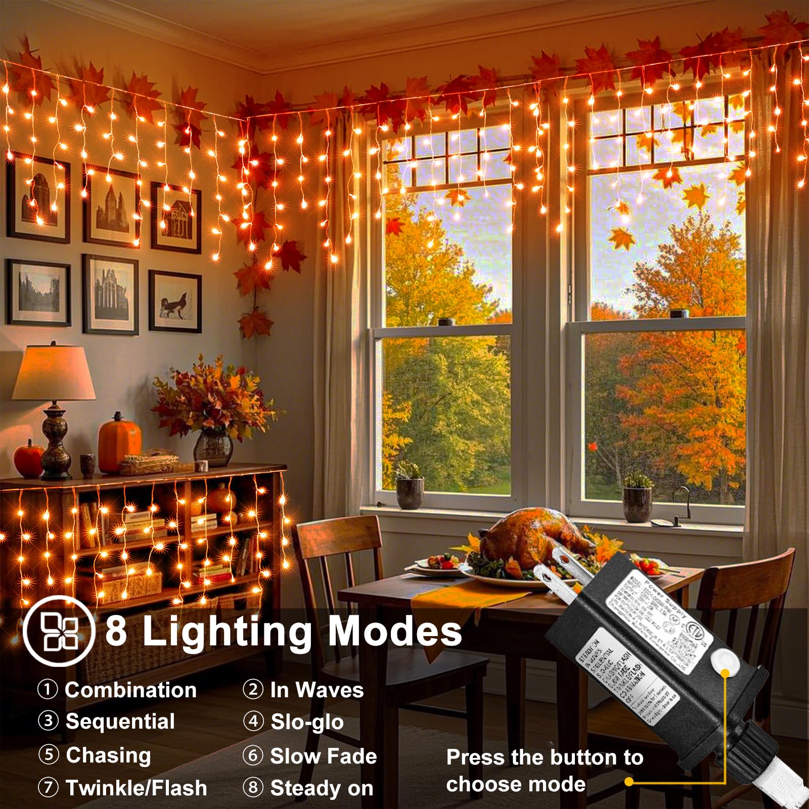 33 FT 400 LED Orange Icicle Christmas Lights Outdoor Waterproof with Timer & 8 Modes - Clear Wire Twinkle String Lights for Window, House, Patio, Yard, Wedding, Classroom, Festival Decor - Perfect for Holiday, Party & Winter Outdoor Decorations