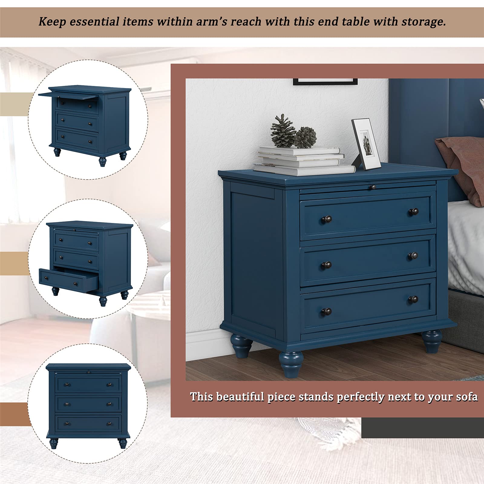 3-Drawer Wood Storage Cabinet with Pull-Out Tray - Blue Nightstand, End Table & Bedside Drawer Chest for Bedroom & Living Room - Perfect for Organizing Jewelry, Books & Bedroom Essentials - Easy Assembly Furniture