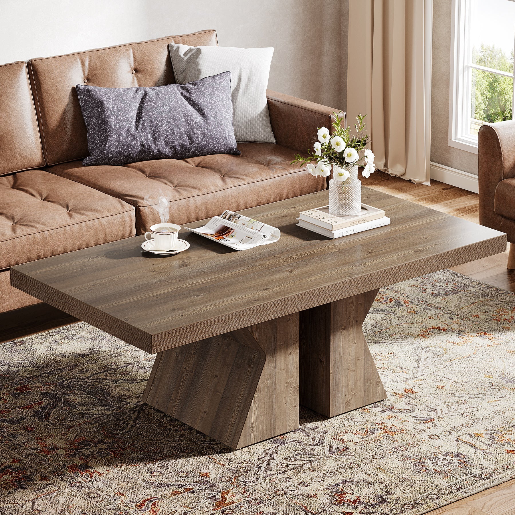 47 Inch Solid Wood Coffee Table - Modern Rectangular Living Room Center Table with Storage Shelf | Perfect for Snacks, Books & Home Decor