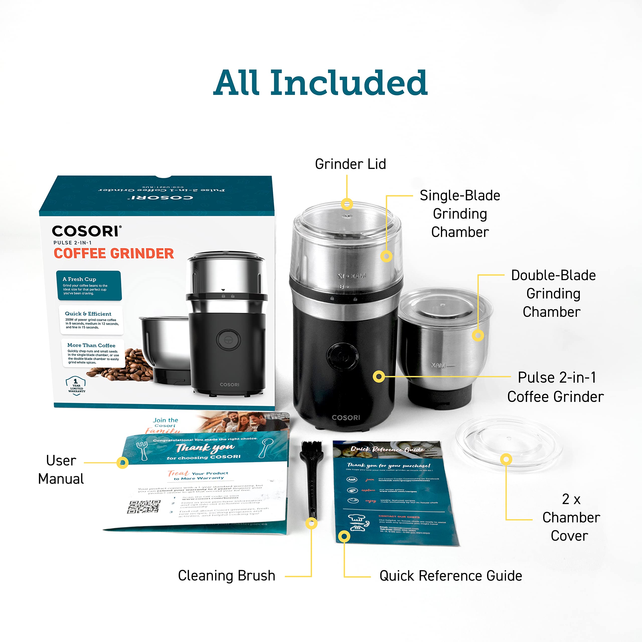COSORI Electric Coffee Grinder for Spices, Seeds, Herbs & Coffee Beans - Stainless Steel Blades with 2 Removable Bowls - Wet & Dry Grinder for Espresso, Cooking & Baking - Perfect for Kitchen, Camping & Travel (Black)