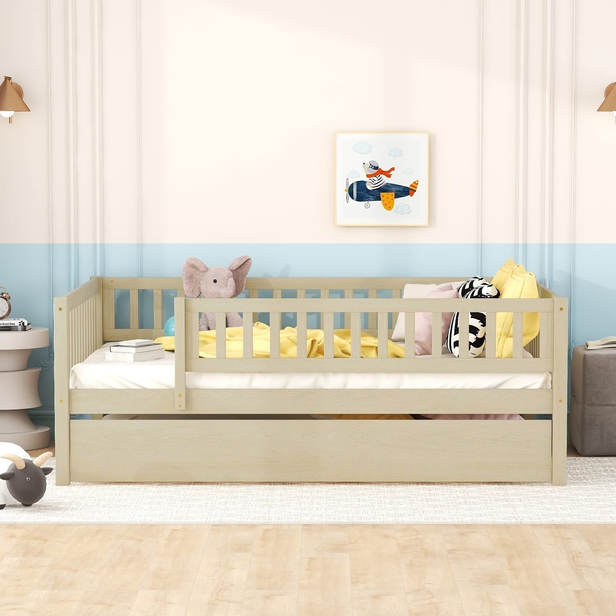 DEINPPA Full Size Wooden Daybed with Trundle - Twin Kids Bed Frame with Safety Guardrails for Boys, Girls, Toddlers & Children - Natural Finish - Perfect for Nursery, Bedroom & Guest Room