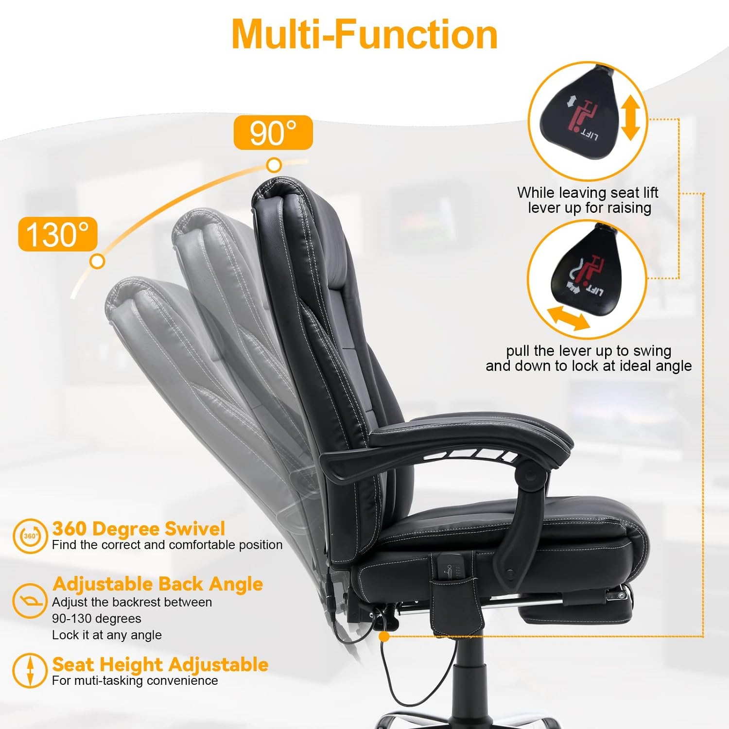 HOMREST 4-Point Massage Reclining Office Chair with Heating - Ergonomic Leather Executive Chair with Retractable Footrest - Adjustable Computer Desk Chair for Home Office, Study, Gaming & Relaxation (Black)