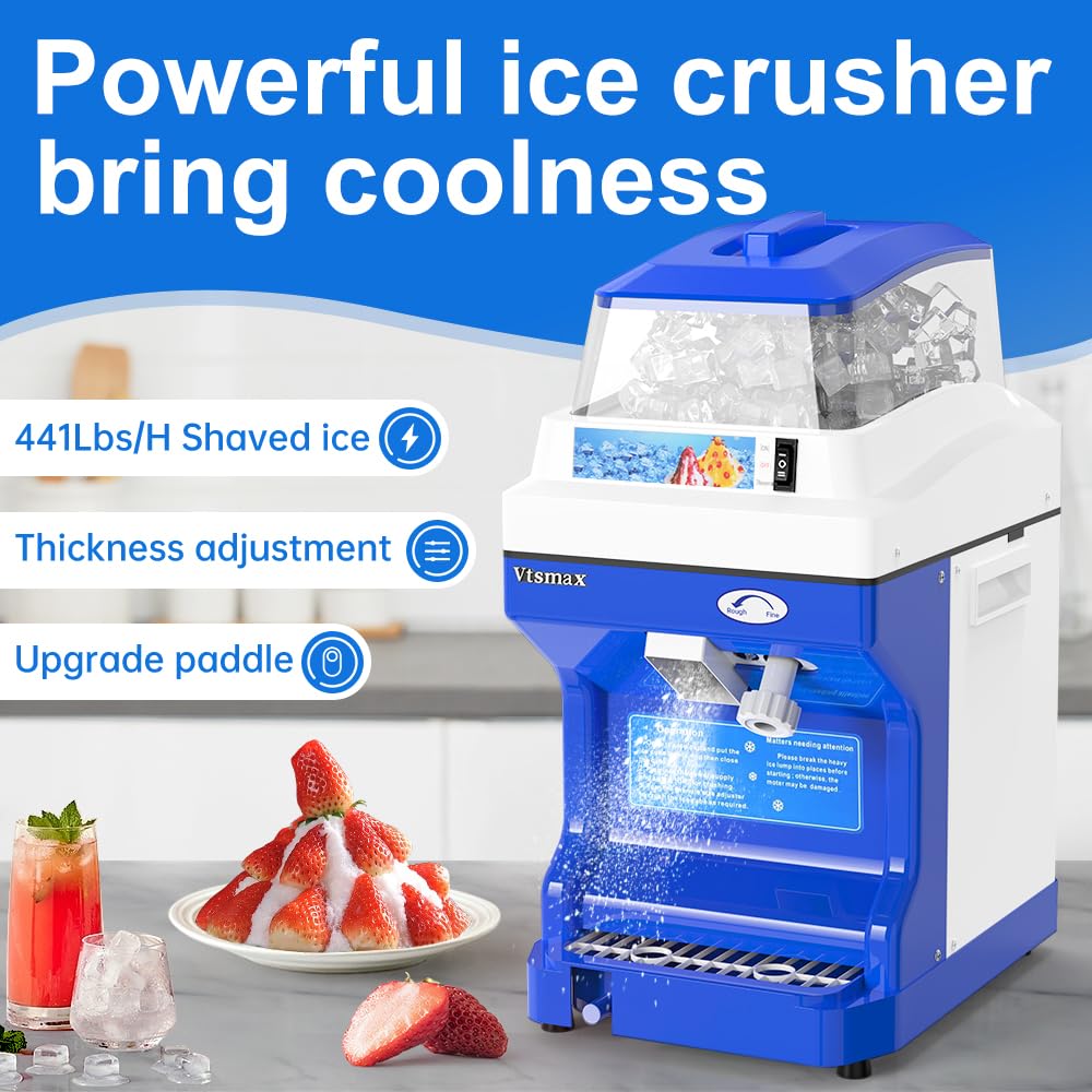 300W Electric Ice Shaver & Snow Cone Maker Machine - Adjustable Thickness, 441Lbs/Hr Commercial Ice Crusher for Bars, Parties, Home Use (Blue) - Perfect for Summer Drinks, Cocktails & Dessert Making