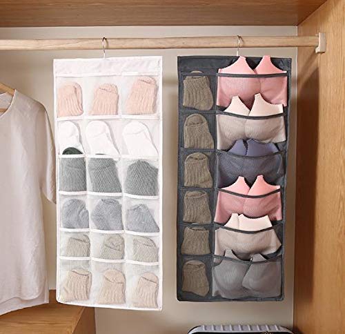 Mesh Closet Hanging Organizer with Rotating Metal Hanger - Dual Sided Wall Shelf Wardrobe Storage Bags for Bra, Underwear, Socks - Space Saving Oxford Cloth Organizer (Gray) - Perfect for Bedroom, Closet & Dorm Organization