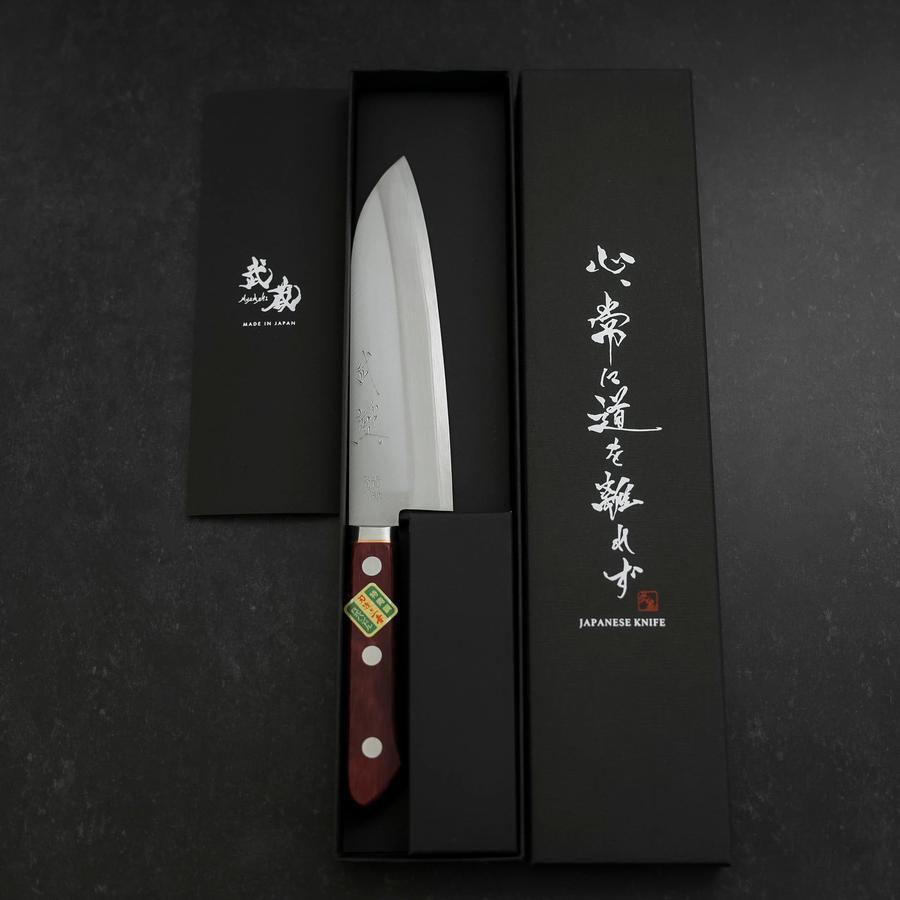 Premium Santoku Knife 165mm - Stainless Steel Clad Blue Super Steel, Polished Blade with Western Black & Red Handle - Perfect for Slicing, Dicing & Chopping Vegetables, Meat & Fish