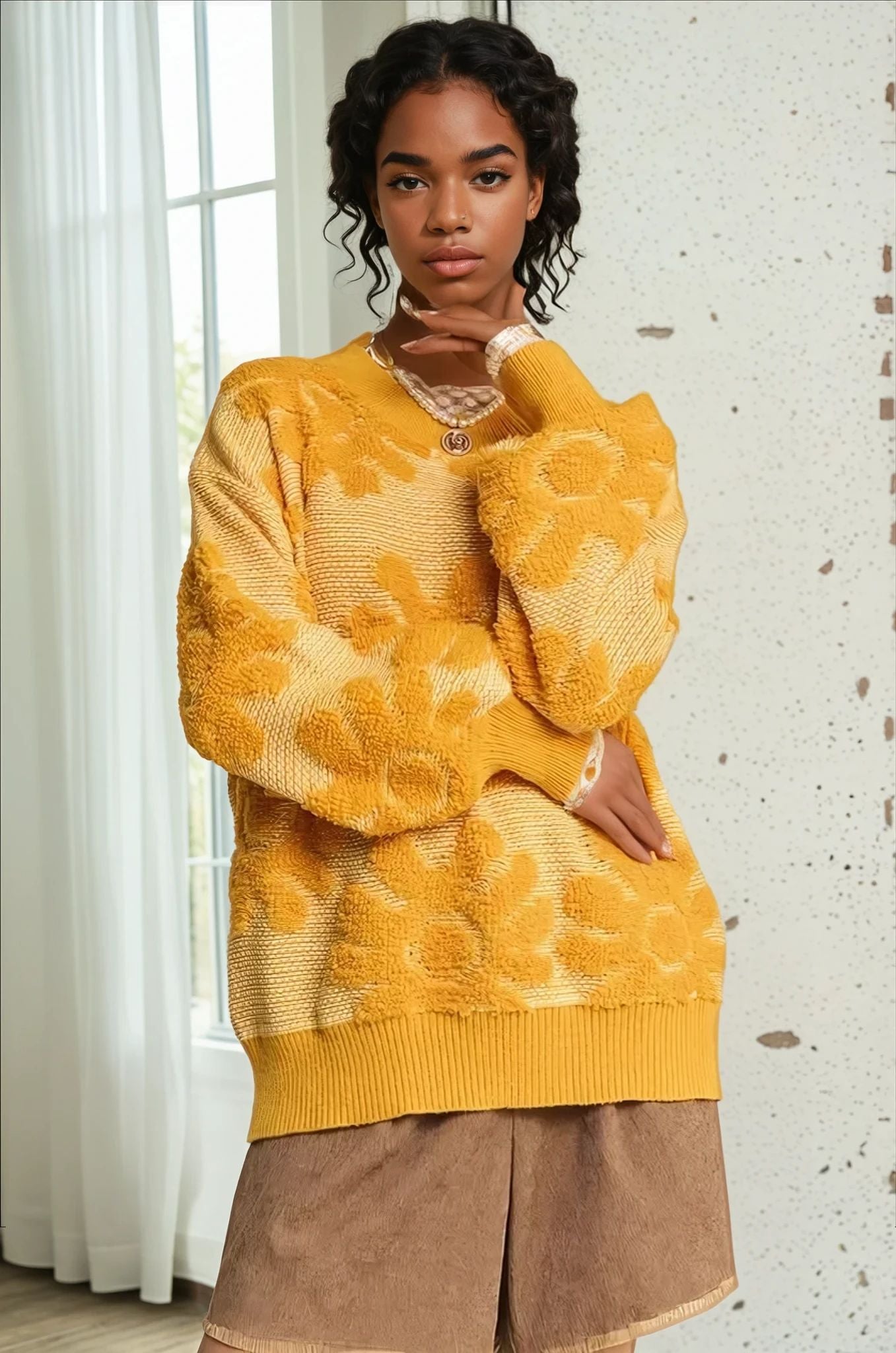Big Flower Textured Sweater for Women - Cozy Knit Pullover with Floral Design - Perfect for Fall & Winter Outfits, Casual Wear and Date Nights