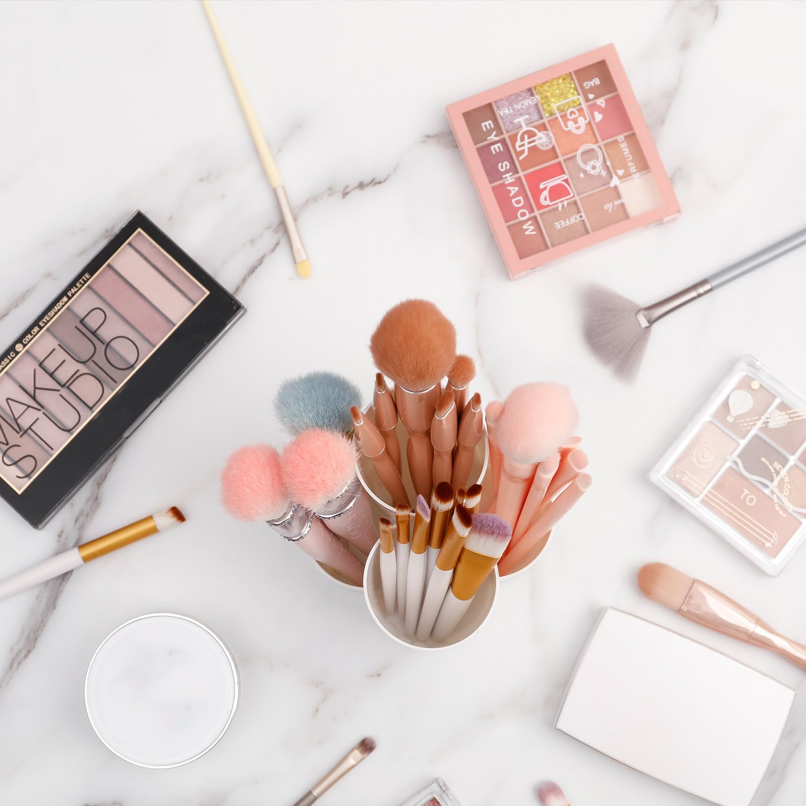 Yesesion Plastic Makeup Brush Holder Organizer - 4 Compartment Round Cosmetic Brush Storage for Lipsticks, Hair Accessories & Beauty Tools | Vanity, Bathroom & Dresser Organizer | Perfect for Makeup Artists & Home Decor (White)