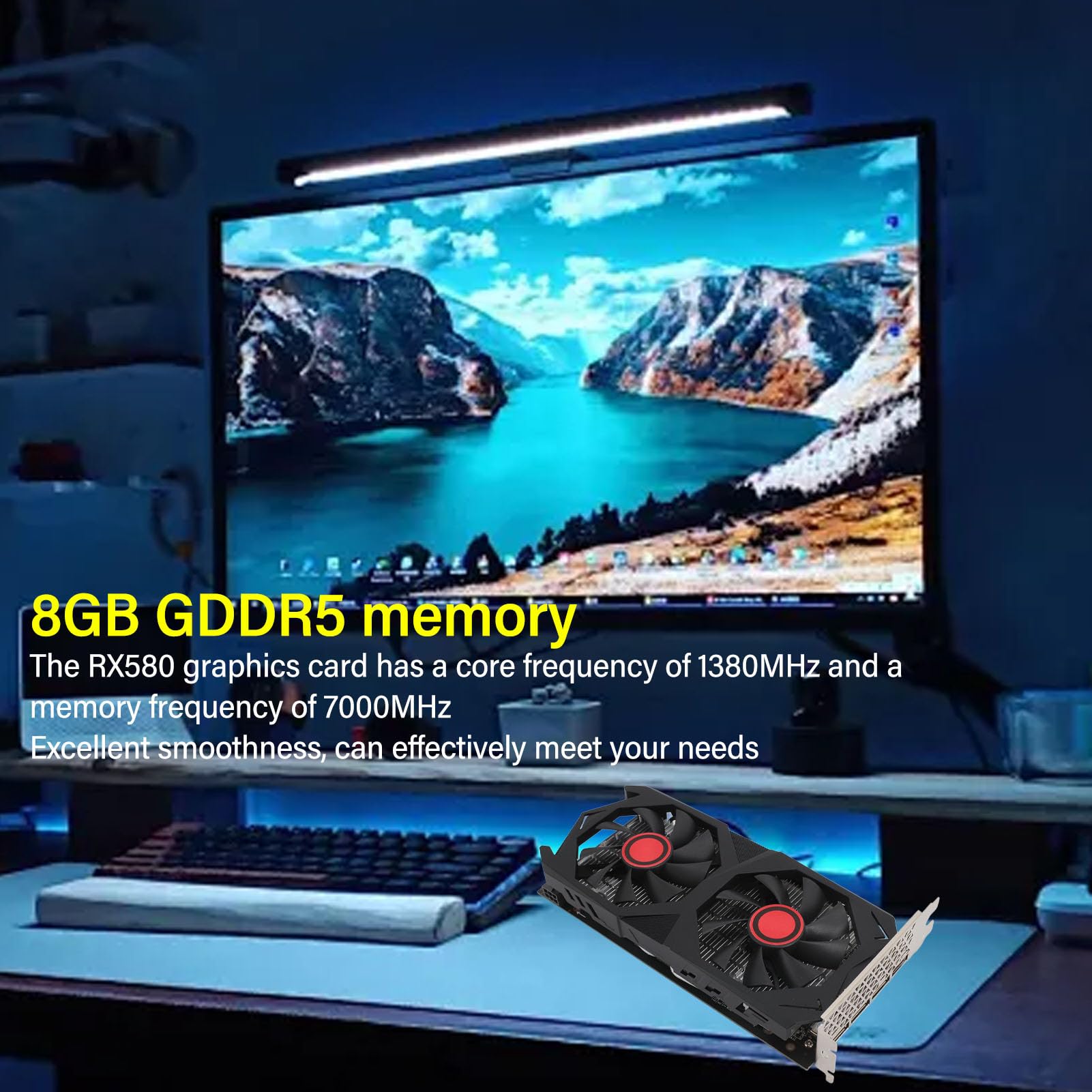 ASHATA RX580 8GB GDDR5 256BIT Gaming Graphics Card - PCI Express 2.0 x16 Video Card with Dual Fan Cooling for Windows 7/8/10/11 PCs - Perfect for 1080p Gaming, Video Editing & Cryptocurrency Mining