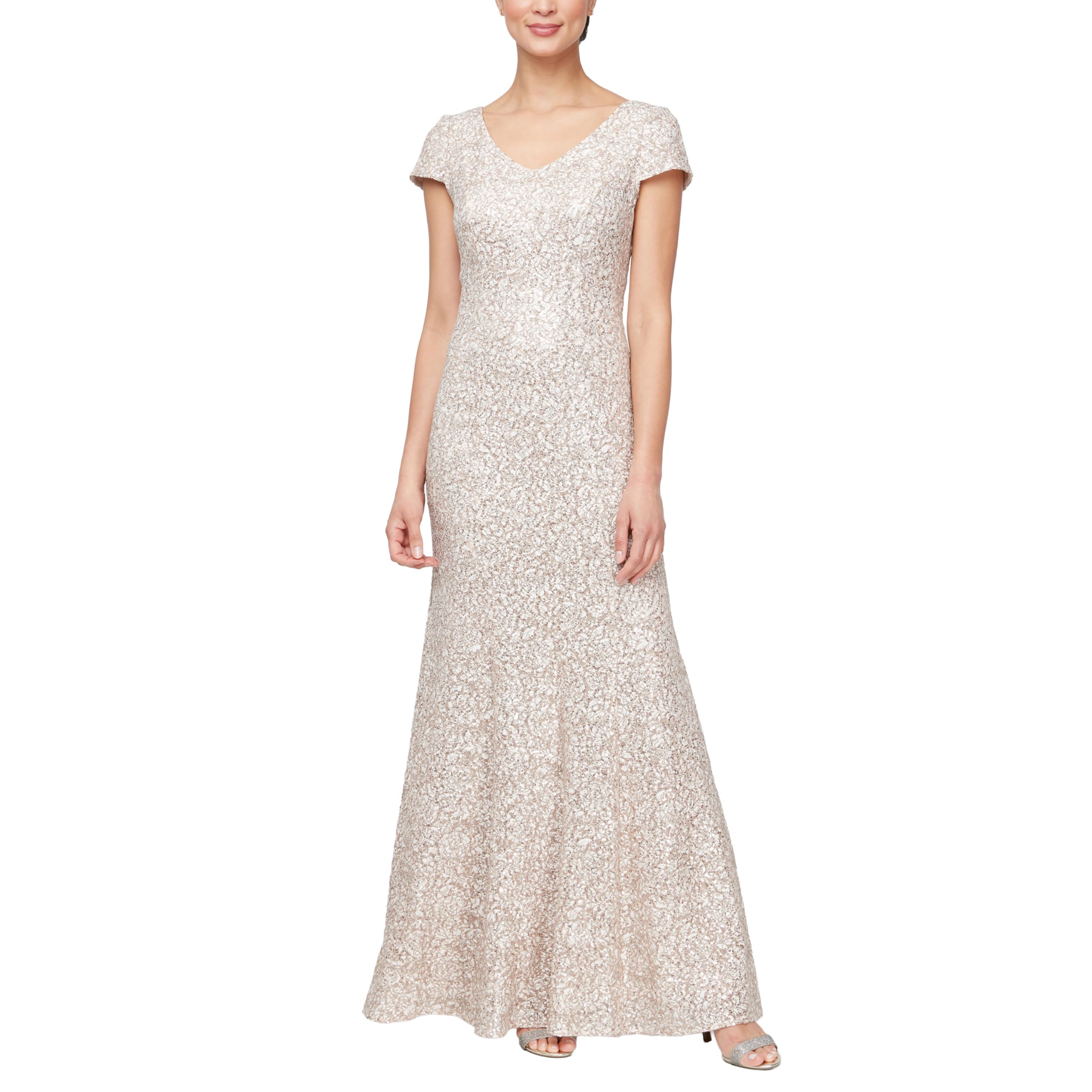 Alex Evenings Women's Long Rosette Mother of The Bride Dress with Short Sleeves - Elegant Wedding Guest Gown for Special Occasions (Petite & Regular Sizes) | Perfect for Weddings, Receptions, Formal Events & Evening Parties