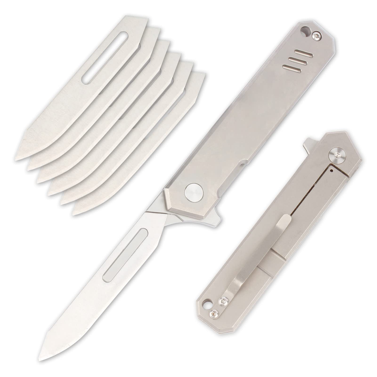 T37 Titanium Folding Pocket Scalpel Knife - 6pcs 440C #60 Blades, Compact Slim EDC Utility Knife with Pocket Clip for Camping, Hiking & Everyday Carry (EDC)