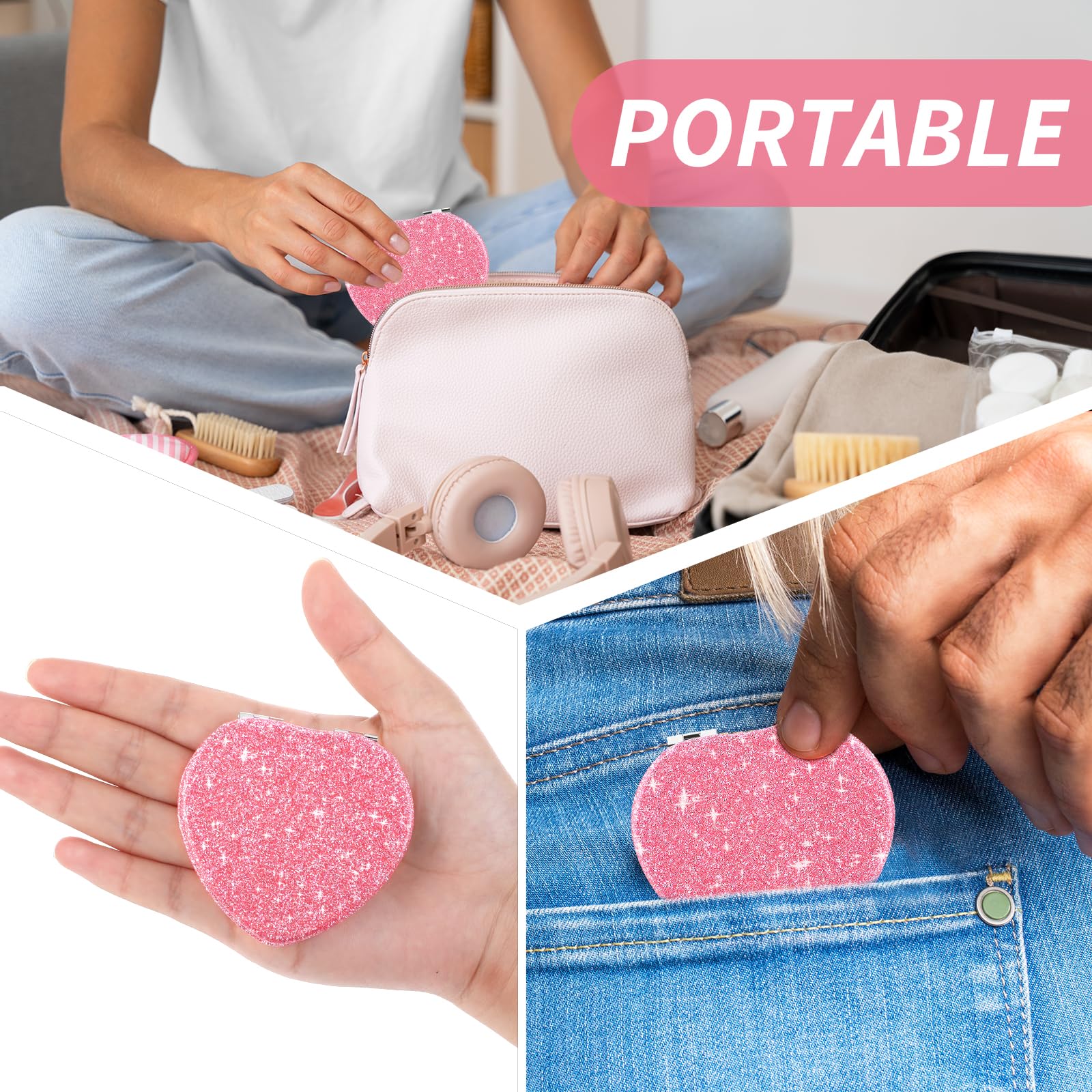 Heart-Shaped Compact Folding Vanity Mirror with Magnifier - Double-Sided Glitter Makeup Mirror for Women, Portable Travel Cosmetic Mirror for Purse - Perfect for Home, Office & Travel Beauty Touch-Ups
