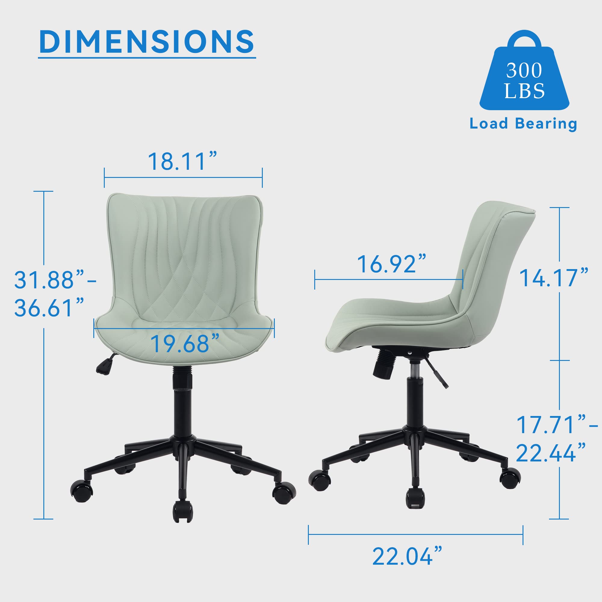 YOUNIKE Ergonomic Office Chair - Armless Desk Chair with Wheels, Adjustable Swivel Rolling Task Chair for Home Office - Modern Faux Leather Padded Computer Chair with Back Support in Mint Seafoam Green - Perfect for Work from Home, Gaming & Study Sessions