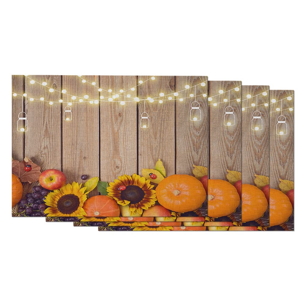 WONDERTIFY Heat-Resistant Pumpkin Placemats Set of 4 - Autumn Harvest Design with Apples & Sunflowers - 12x18 Inch Wooden Table Mats - Stain & Heat Proof for Thanksgiving, Fall Dining Decor