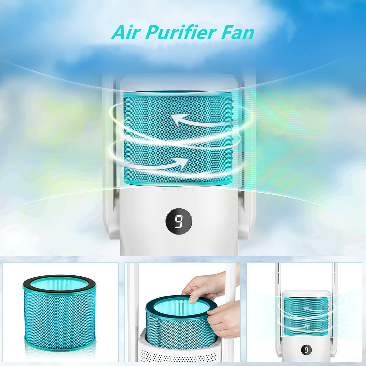ULTTY Bladeless Tower Fan with HEPA Air Purifier - 90° Oscillating, Remote & Touch Control, 8H Timer, Quiet Floor Fan for Bedroom, Living Room, Home Office - White | Perfect for Cooling & Air Purification in Large Spaces