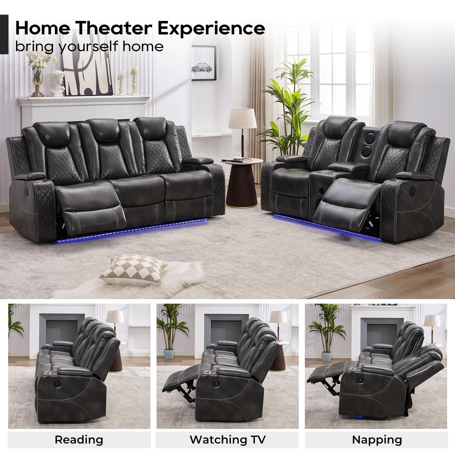 Premium Faux Leather Power Recliner Sofa Set with Bass Speaker & Wireless Charger - 3-Seater Reclining Couch & Loveseat with LED Lights & Reading Light for Living Room, Home Theater - Perfect for Movie Nights, Gaming & Relaxation (Grey)