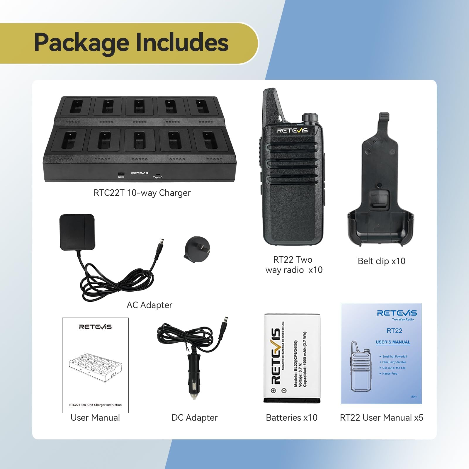 Retevis RT22 Long Range Walkie Talkies for Adults (10 Pack) - 10 Way Gang Charger, Charging Progress Bar, Removable Card Slot | Compact Two Way Radios for Warehouse, Factory, Construction Site & Outdoor Adventures