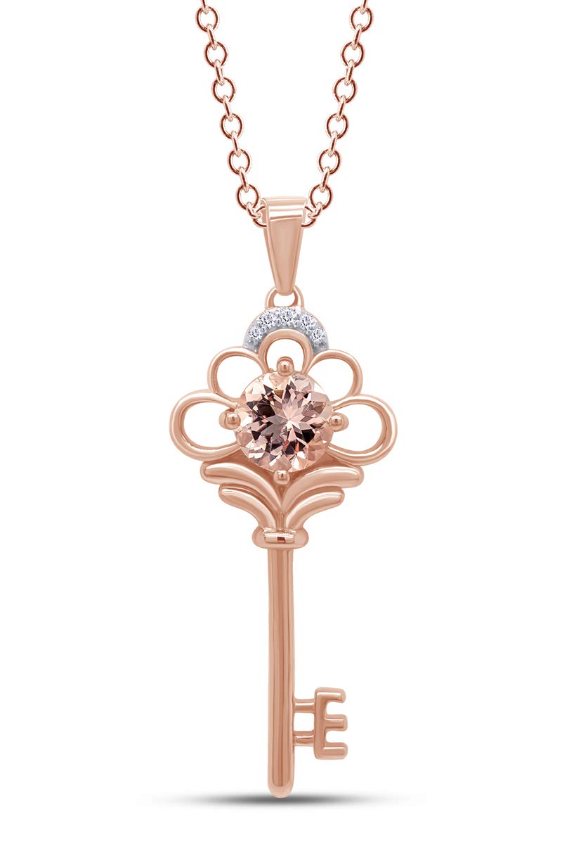 3/4 Cttw 6MM Round Morganite & Diamond Vintage Key Pendant Necklace in 14K Gold Over Sterling Silver - Elegant Jewelry Gift for Women, Valentine's Day, Anniversary, Birthday - Perfect for Romantic Occasions & Special Events