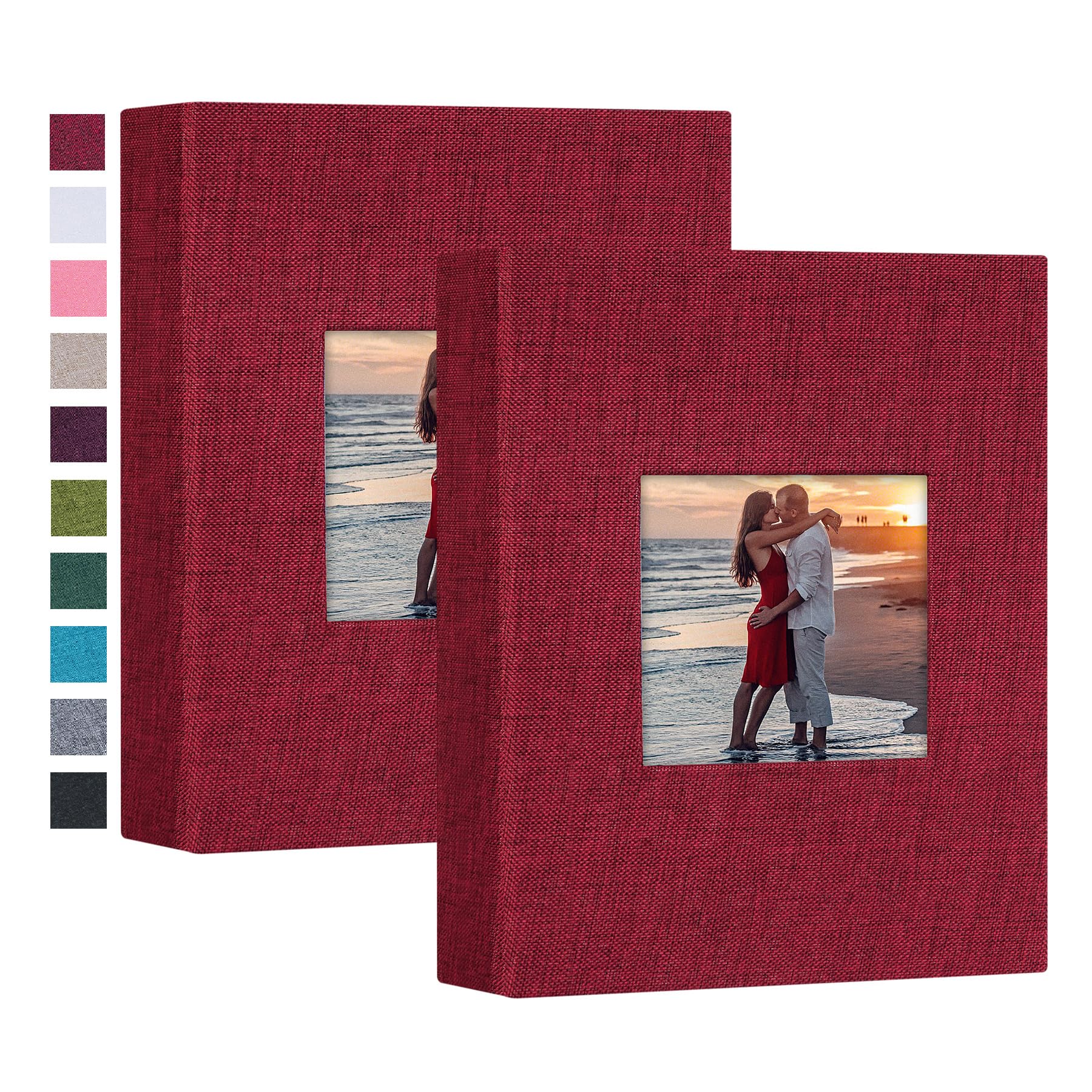 2 Pack Small 4x6 Photo Album with Linen Cover & Display Window - Holds 52 Vertical Pockets for Artwork, Postcards & Pictures - Perfect for Wedding Photos, Baby Memories & Travel Souvenirs (Red)