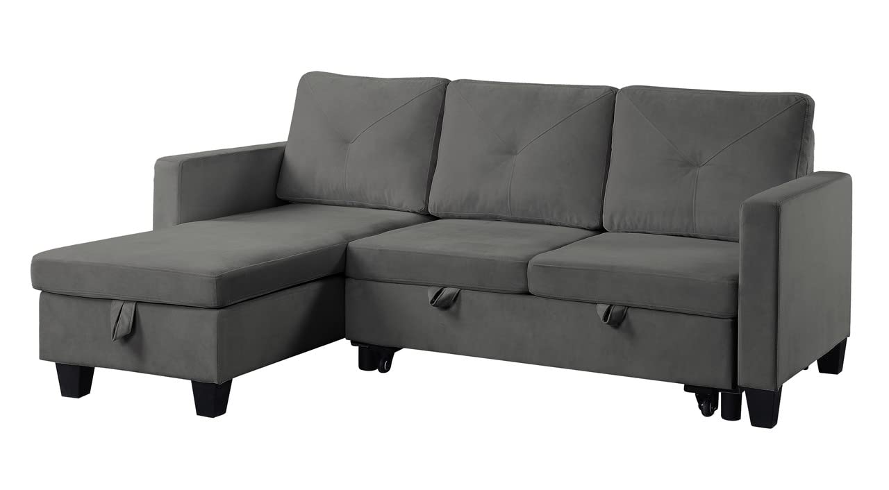 Lilola Home Nova Dark Gray Velvet Reversible Sleeper Sectional Sofa with Storage Chaise - Modern Convertible Couch for Small Spaces, Living Room, Apartment & Guest Room