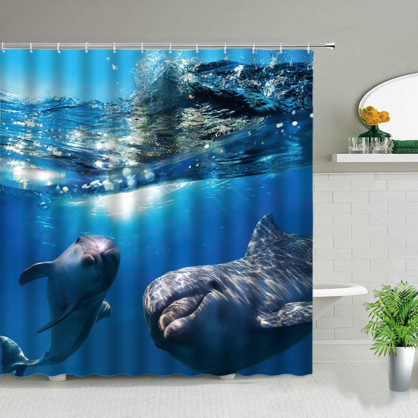 3D Printed Bottlenose Dolphin Blue Shower Curtain - 72x84 Inch (182x213cm) Modern Polyester Fabric with Plastic Hooks - Waterproof & Washable Bathroom Decor for Coastal, Beach or Ocean Theme
