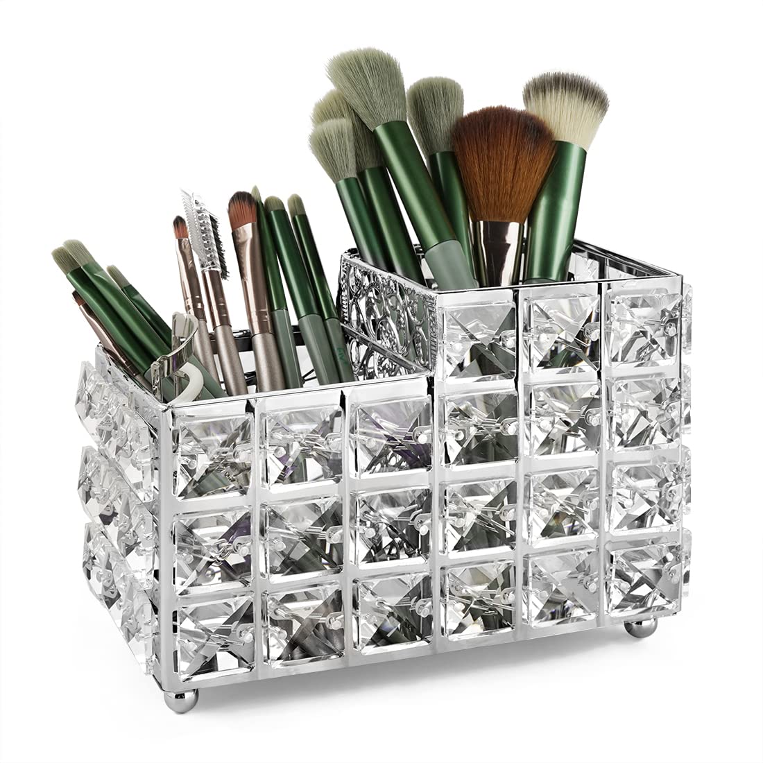 LUXEBOX Crystal Makeup Brush Holder - Square Acrylic Cosmetic Organizer for Brushes | Elegant Vanity Storage for Dresser, Bathroom & Bedroom | Perfect for Makeup Artists & Beauty Enthusiasts (Silver)