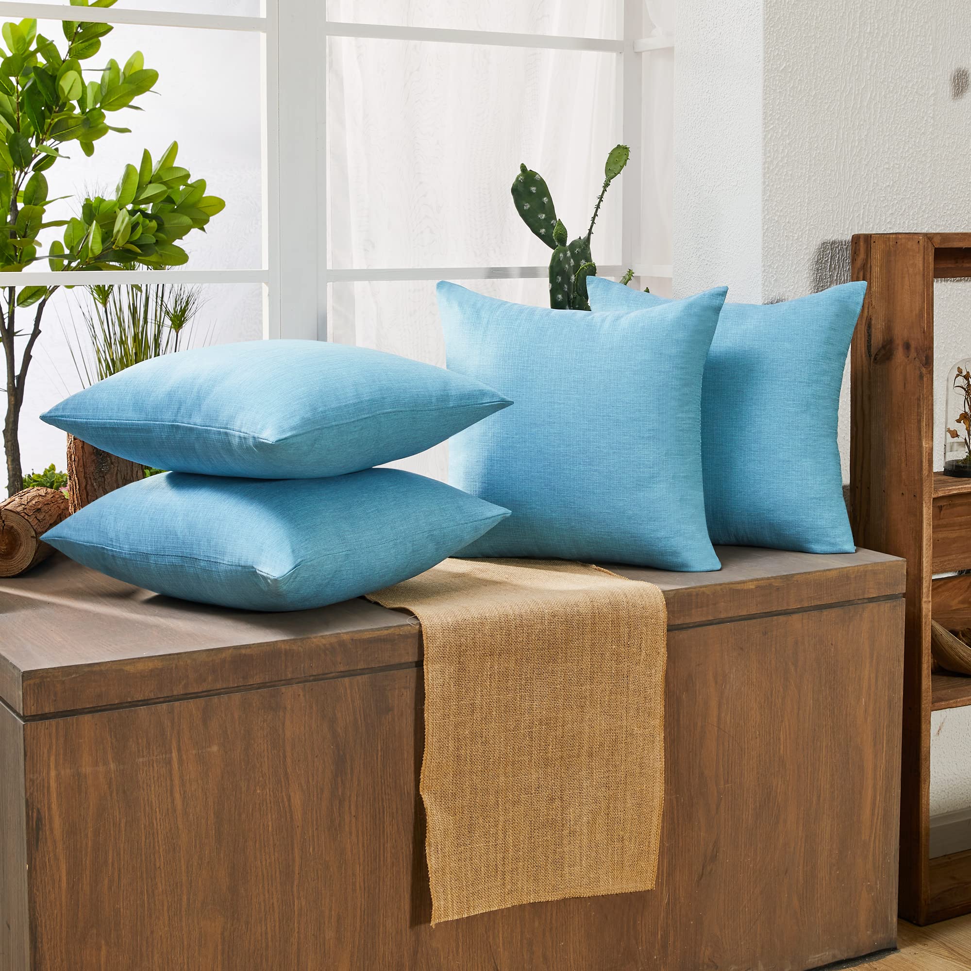 Deconovo 24x24 Inch Faux Linen Pillow Covers - Soft Decorative Cushion Shams for Sofa, Bed, Patio (Lake Blue, Set of 4) - Breathable & Wrinkle-Resistant Pillowcases for Indoor & Outdoor Use