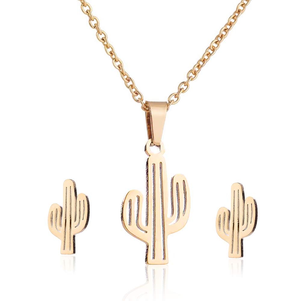 YOOE Stainless Steel Cactus Necklace & Earrings Set - Tropical Plant Jewelry for Women | Desert Themed Pendant Necklace & Stud Earrings | Perfect for Boho Fashion, Beach Vacations & Summer Outfits