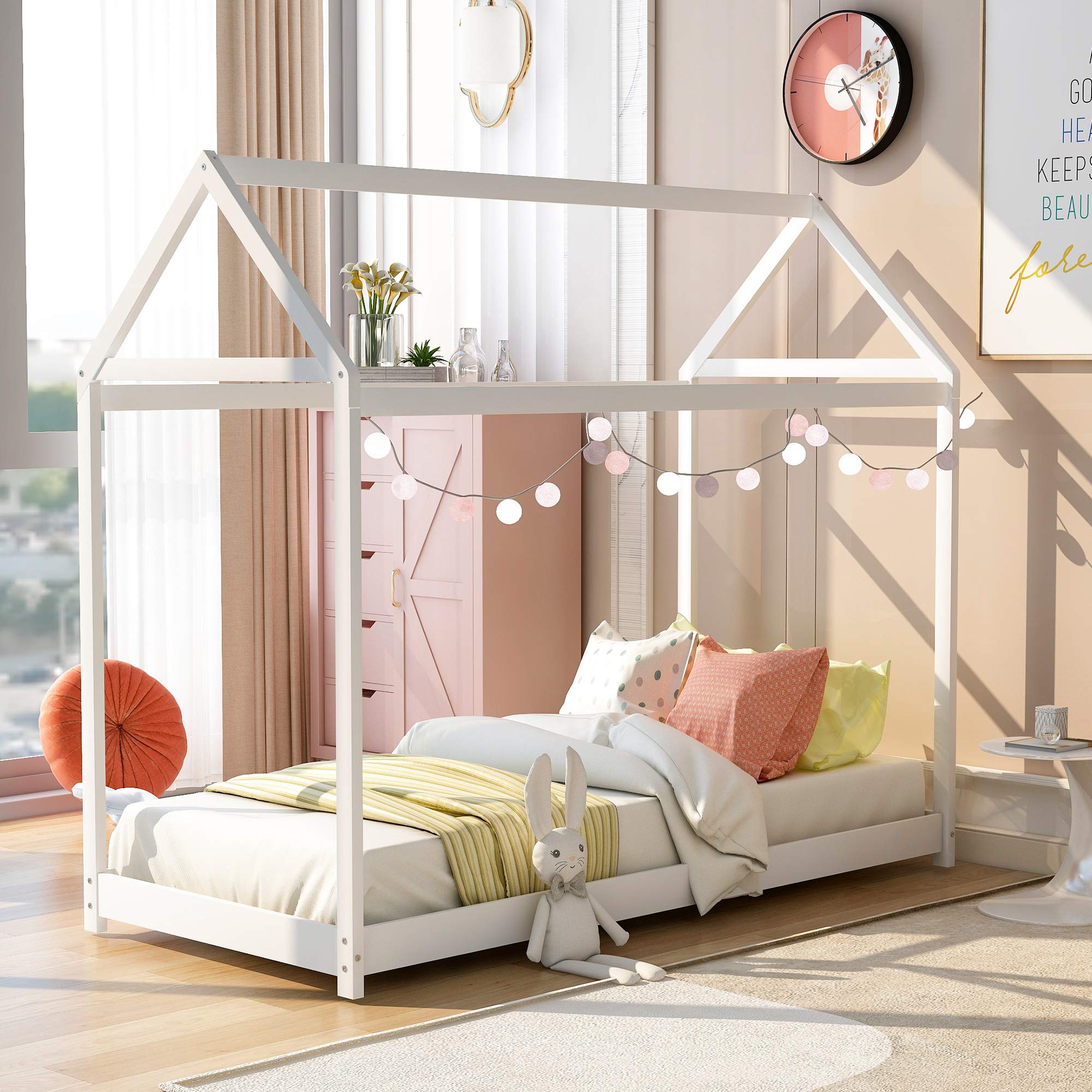 **MERITLINE Twin Size House Bed Frame with Roof for Kids - No Box Spring Needed, Sturdy & Safe (White) - Perfect for Bedrooms, Playrooms & Cozy Reading Nooks**