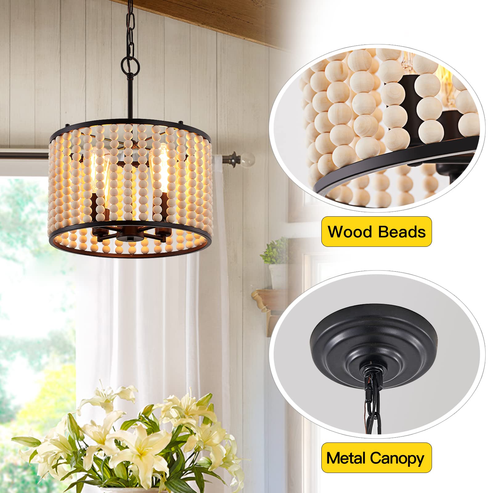Farmhouse Chandelier Light Fixture - 4-Light Wood Beaded Boho Pendant Lantern for Dining Room, Living Room, Kitchen & Entryway - Rustic Ceiling Lighting for Home Decor & Foyer