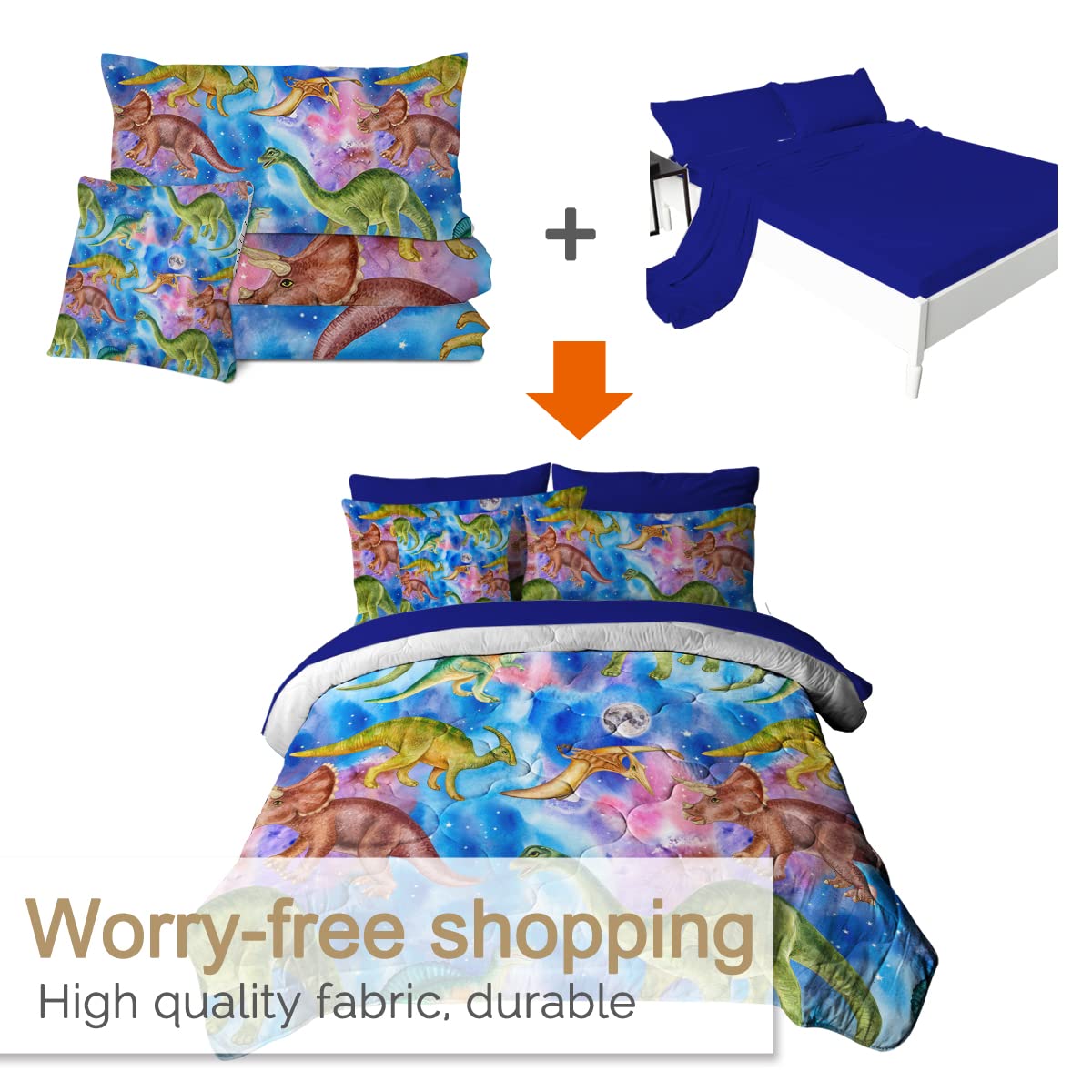 **BlessLiving Dinosaur Queen Bedding Set for Boys - Blue Space Themed 8-Piece Bed in a Bag with Comforter & Sheets (Queen Size) | Perfect for Kids' Bedrooms, Sleepovers & Themed Decor**