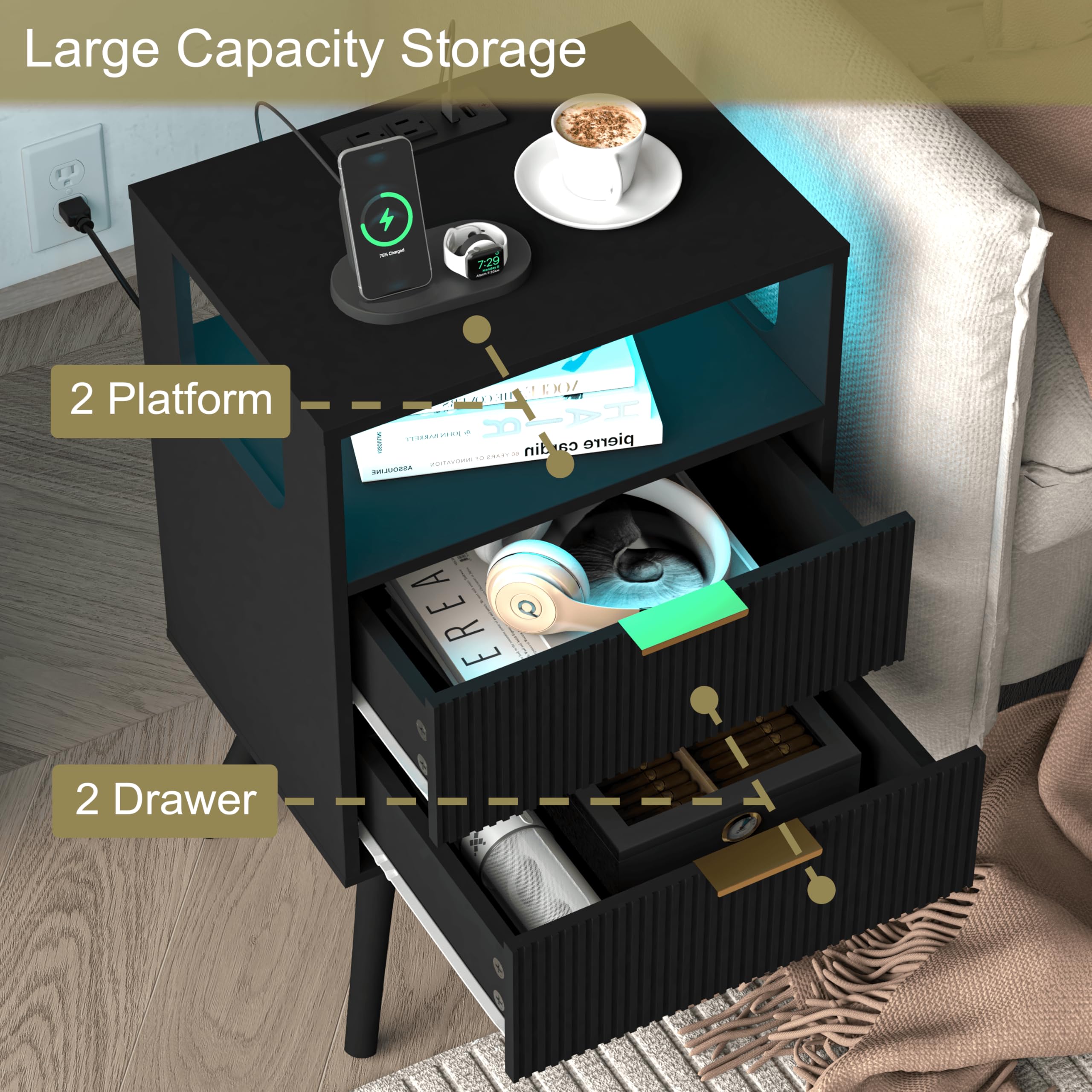 Modern Black Nightstand with USB Charging Station & LED Lights - Bedside Table with 2 Storage Drawers & Open Shelf - Solid Wood Legs for Bedroom, Living Room & Small Spaces - Perfect for Charging Devices & Nighttime Reading