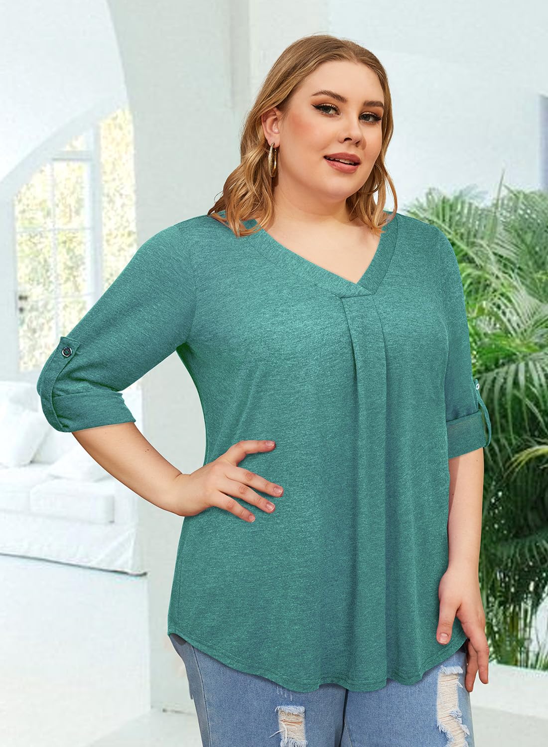 Plus Size Women's 3/4 Sleeve V-Neck Tunic Blouse - Siddhe Spring Summer 2025 Casual Tops for Work, Office & Everyday Wear