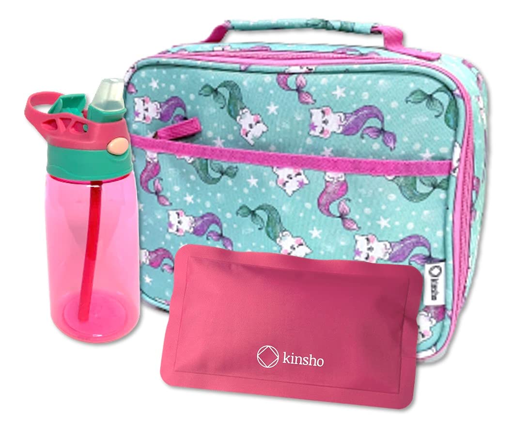 Insulated Lunch Bag for Girls with Water Bottle & Ice Pack - Cute Toddler Lunch Box for Daycare, Preschool & School - Removable Tray for Snacks & Meals - Aqua Pink Cat Mermaid Design - Perfect for School Lunches, Picnics & Travel