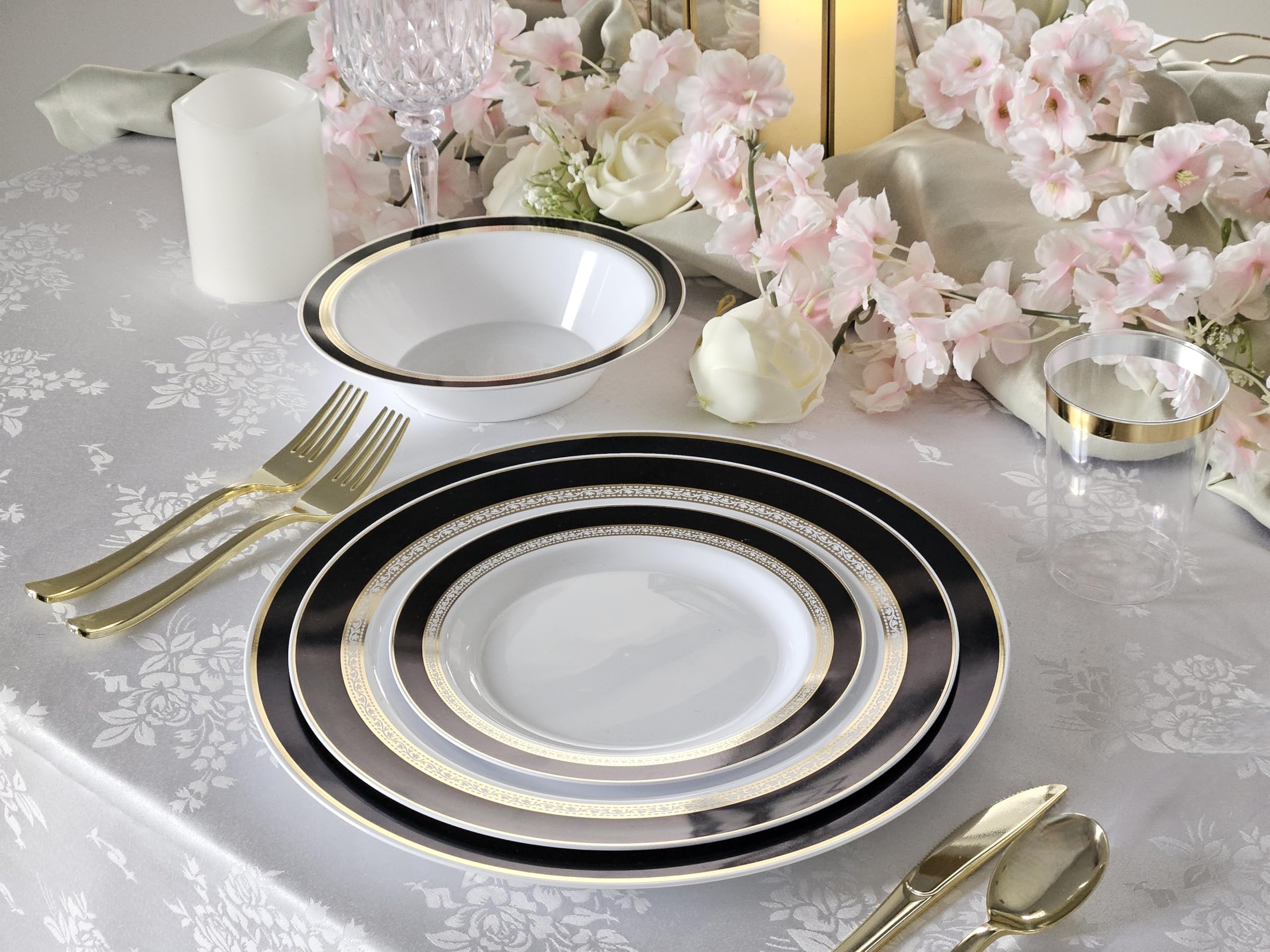 40-Pack Heavyweight Disposable Plastic Plates for Weddings & Parties - 10.5'' Elegant Black & Gold Dinner Plates - Perfect for Formal Events, Catering, and Special Occasions