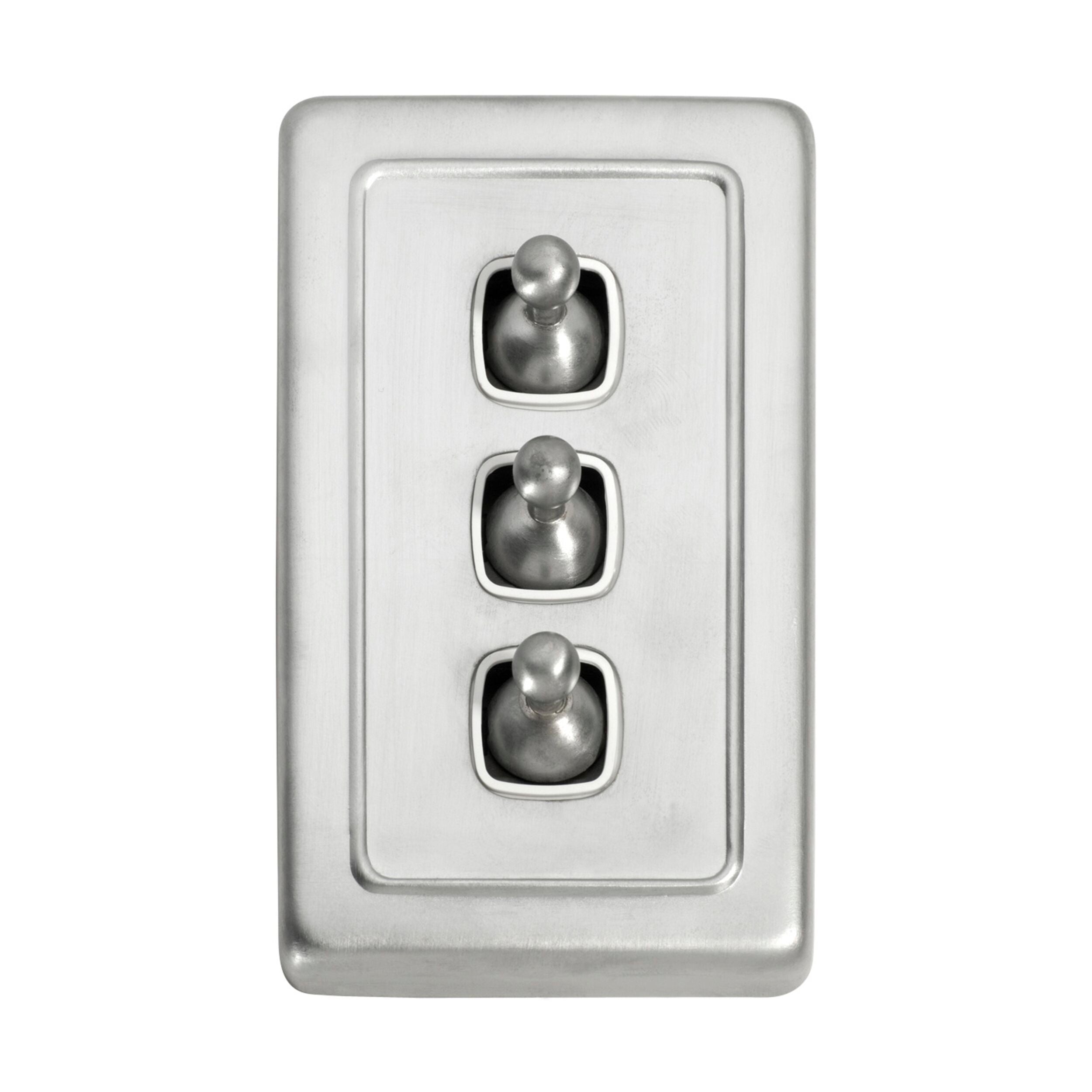 3 Gang White Satin Chrome Toggle Switch Flat Plate - 115mm x 72mm (HxW) - Perfect for Home, Office and Commercial Electrical Installations