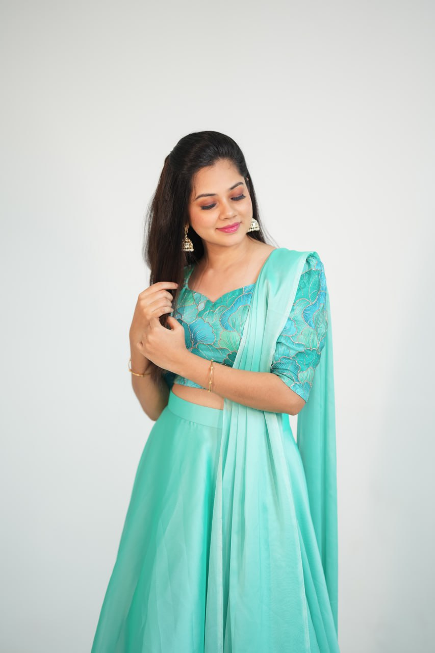 DD527 Anitha 3-Layer Crop Top Lehenga Set for Women - Stylish Indian Ethnic Outfit for Weddings, Parties & Festive Occasions