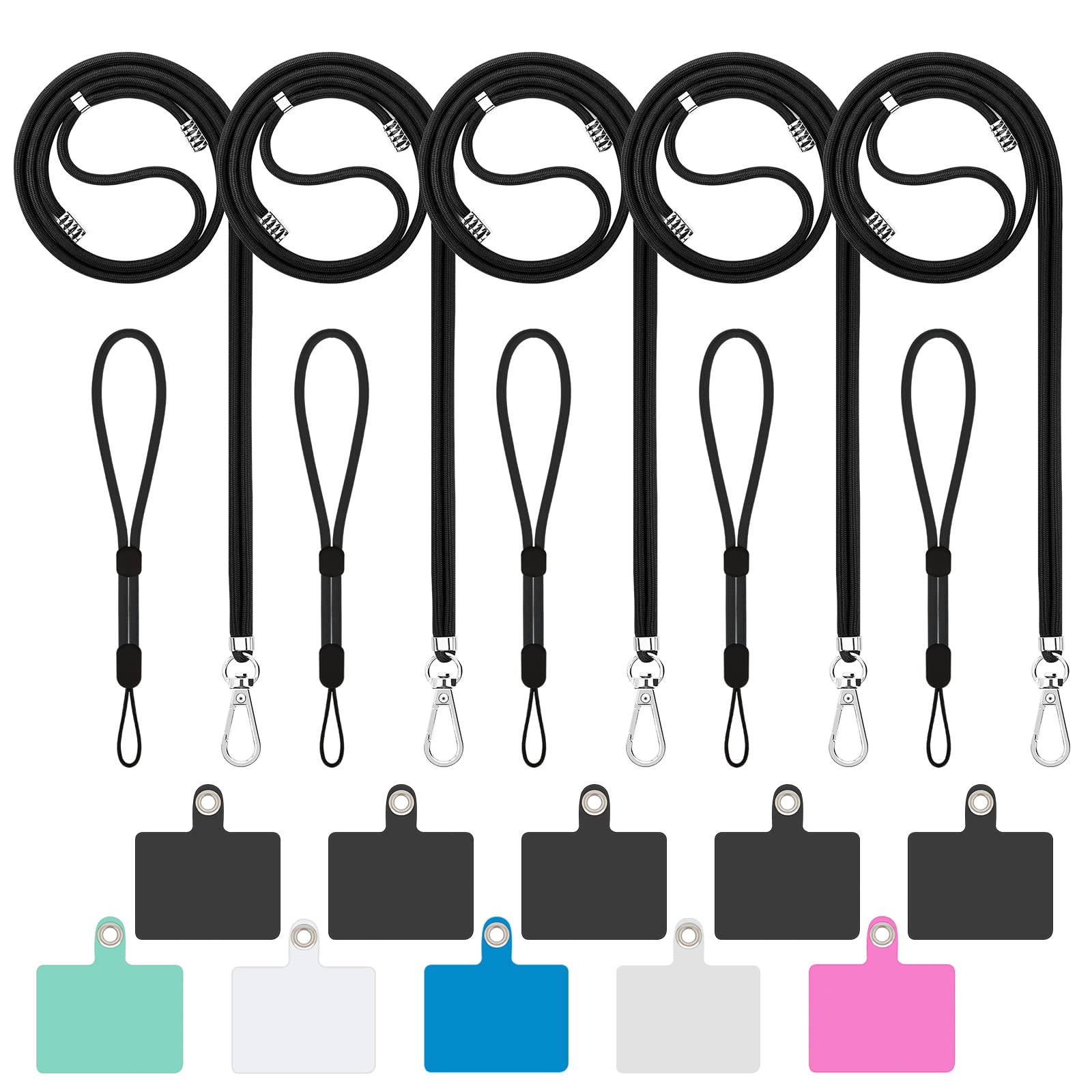 Universal 5-in-1 Phone Lanyard with Wrist Strap - Adjustable Crossbody Neck Strap for iPhone, Samsung & Most Smartphones - Includes 10 Color Patches (Black Series) - Perfect for Travel, Work, Shopping & Hands-Free Convenience