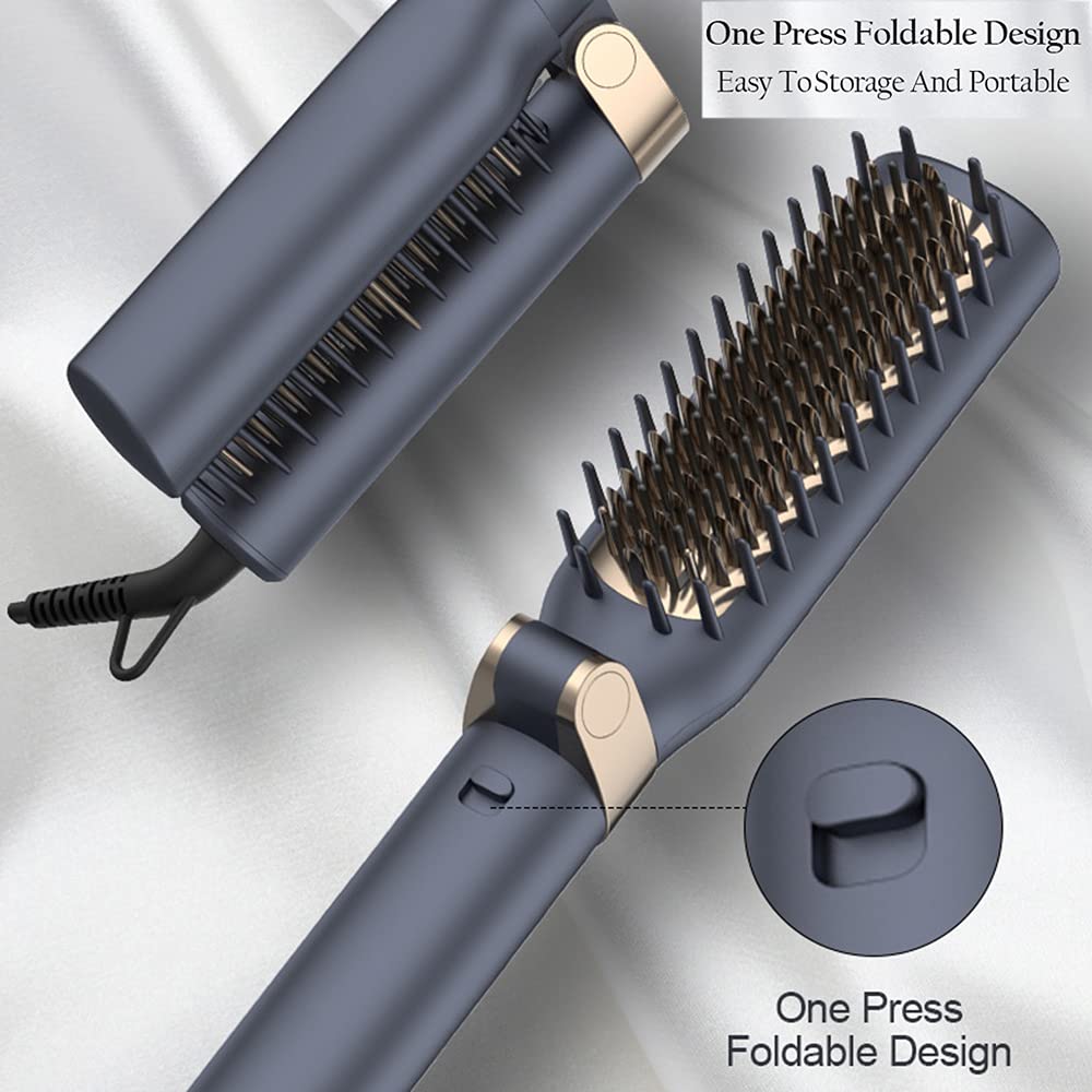 Foldable Hair Straightener Brush - Negative Ion PTC Fast Heating Hair Straightening Iron with 4 Temperature Settings - Dual Use as Hair Curler for Salon & Home Styling (Yellow, UK Plug) - Perfect for Travel, Daily Use & Professional Styling - Layfoo