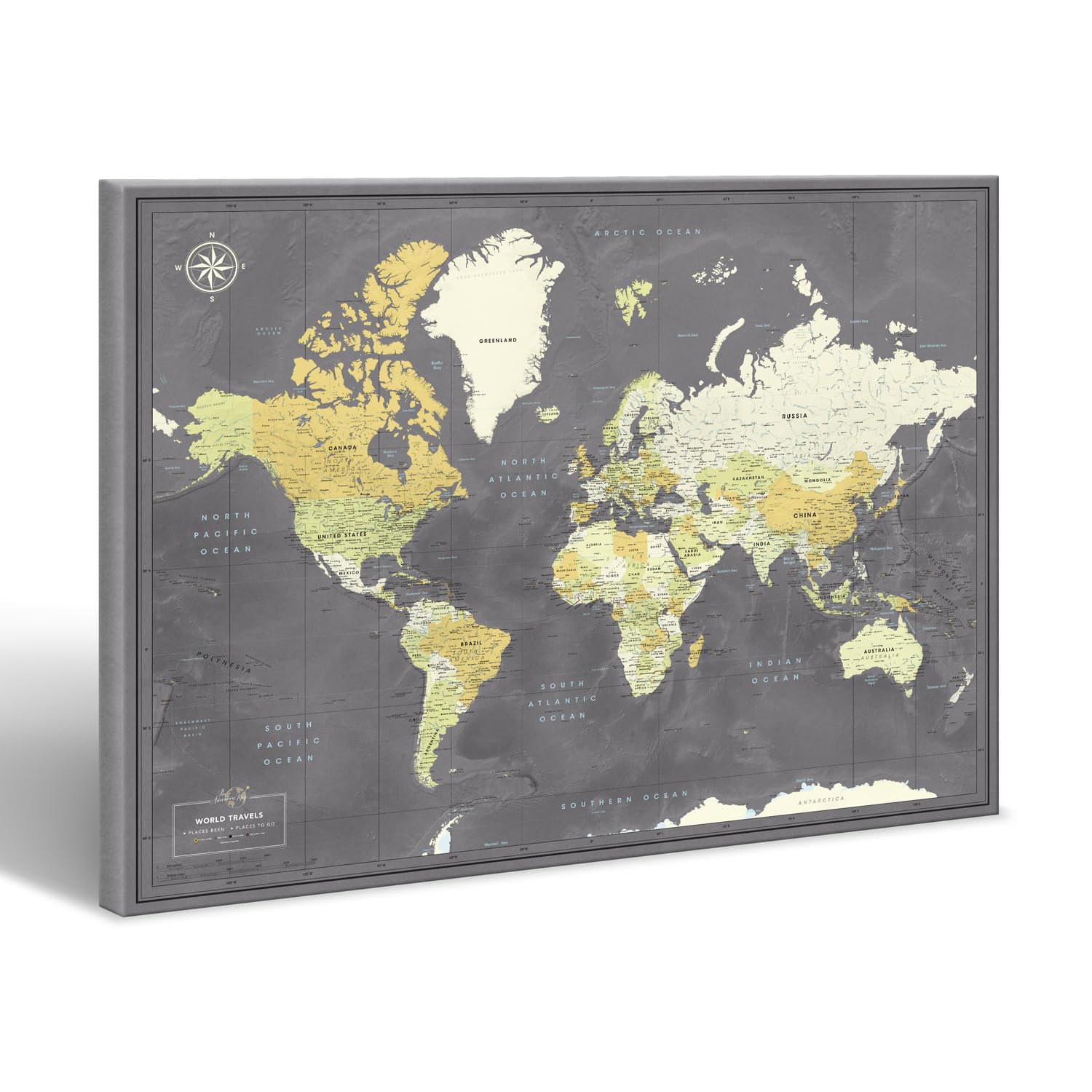 World Travel Map with Push Pins - 32 x 24 Inch Detailed Canvas Pin Board for Travel Planning | Perfect for Home Office Decor & Adventure Tracking