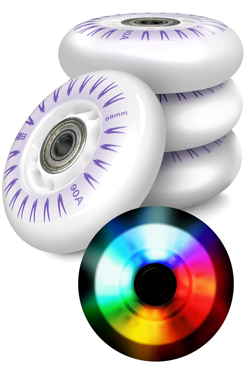 Ripstik Wheels - 68mm 90A Ripstick Replacement Wheels with ABEC 7 Bearings (4-Pack) - No Batteries Needed LED Lights - Perfect for Night Riding & Skateboard Upgrades