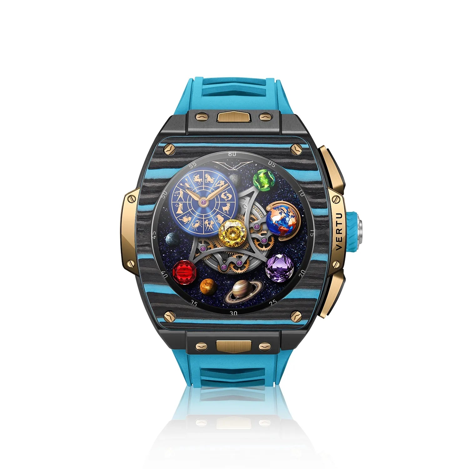 VERTU GRAND Diamonds Smart Watch for Men - Luxury Gold & Black/Blue Carbon Fiber Design | Waterproof Fitness Tracker with Heart Rate Monitor | Perfect for Business, Sports & Formal Occasions