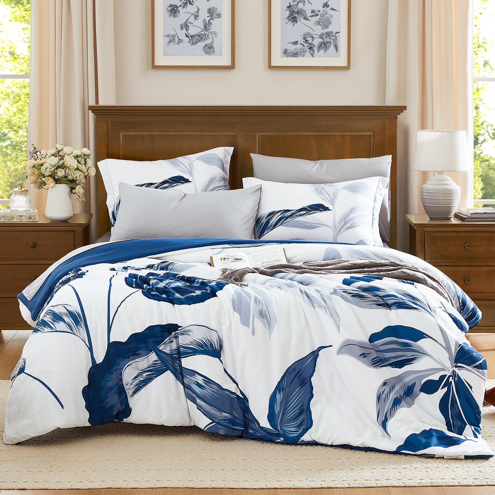 Wrensong Queen Comforter Set - 7 Piece Blue Floral Bedding Set with Sheets | Soft Lightweight Microfiber Queen Size Comforter Set with Leaf Pattern | All Seasons Breathable Bed in a Bag | Perfect for Master Bedroom, Guest Room & Dorm Decor