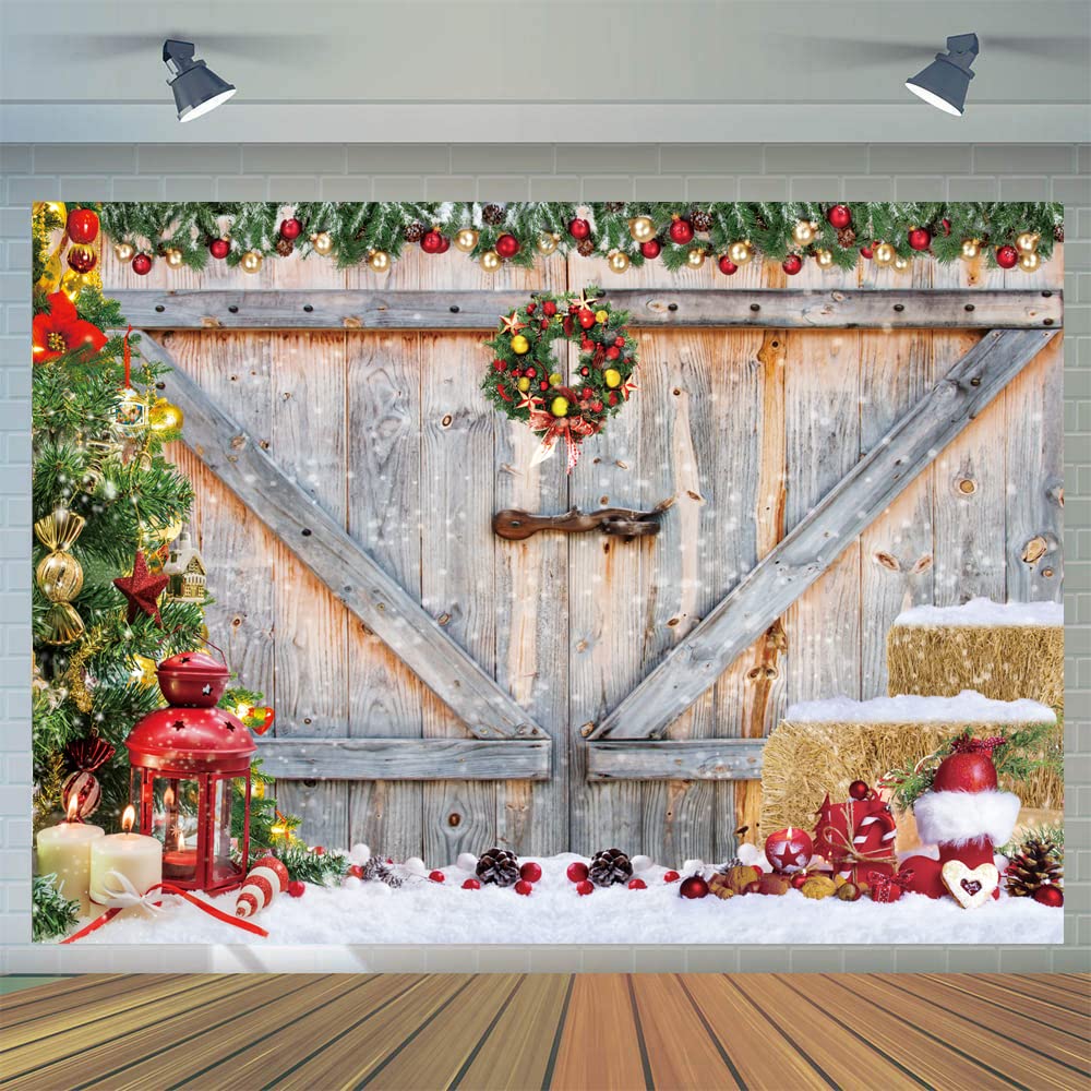 CYLYH 8x6ft Christmas Photography Backdrop - Rustic Barn Wood Door & Xmas Tree Design for Holiday Parties, Family Photos, Snowy Gift Scenes | Perfect for Christmas Decor, Social Media Content & Seasonal Celebrations