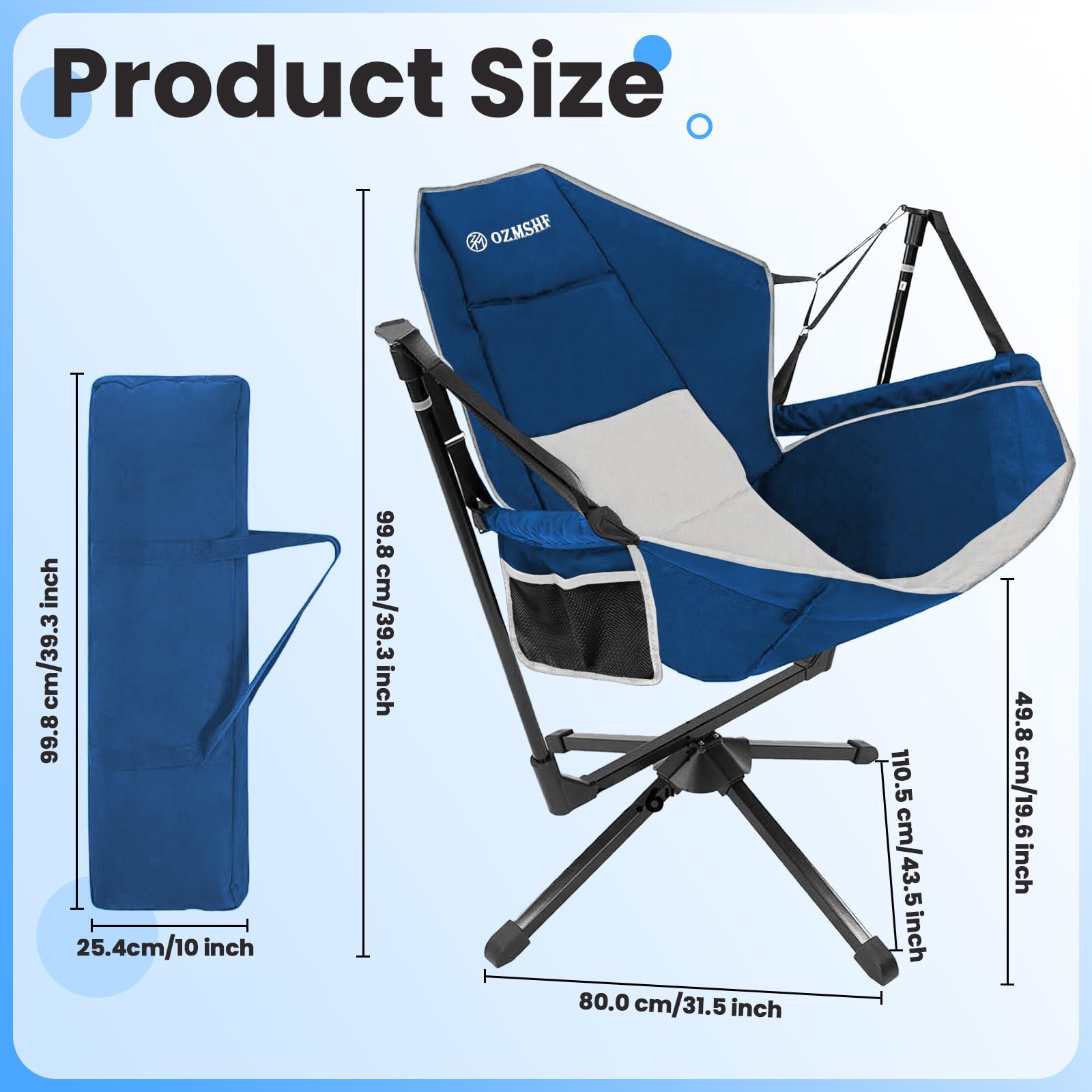 360 Degree Swivel Camping Chair - Portable Hammock Chair with Adjustable Backrest, Lightweight Aluminum Alloy Folding Rocking Chair for Outdoor, Beach, Lawn & Backyard Relaxation (Blue Grey) - Perfect for Camping Trips, Picnics, Beach Days and Backyard Lounging