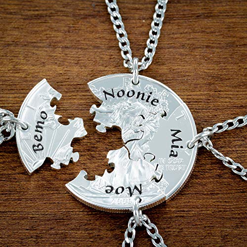 4 Piece Puzzle Necklace Set - Personalized Best Friend Name Necklaces for Women, BFF Jigsaw Jewelry Gift Set - Engraved Coin Pendant for Sisters, Couples, Friends - Perfect for Birthdays, Anniversaries & Special Occasions