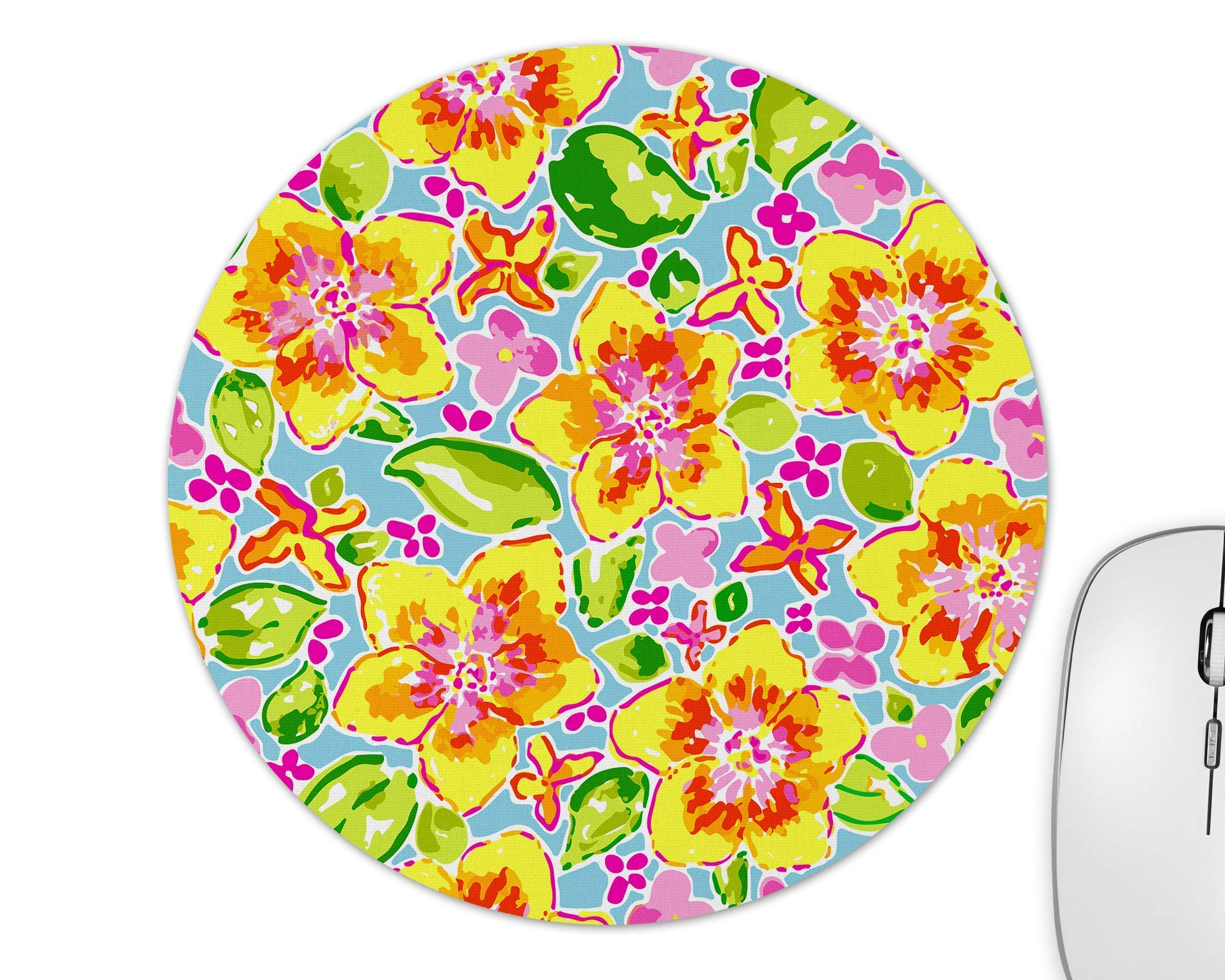 Lilly P Style Yellow Flower Pattern Mouse Pad - 8 Inch Round Non-Slip Mousepad, 0.22