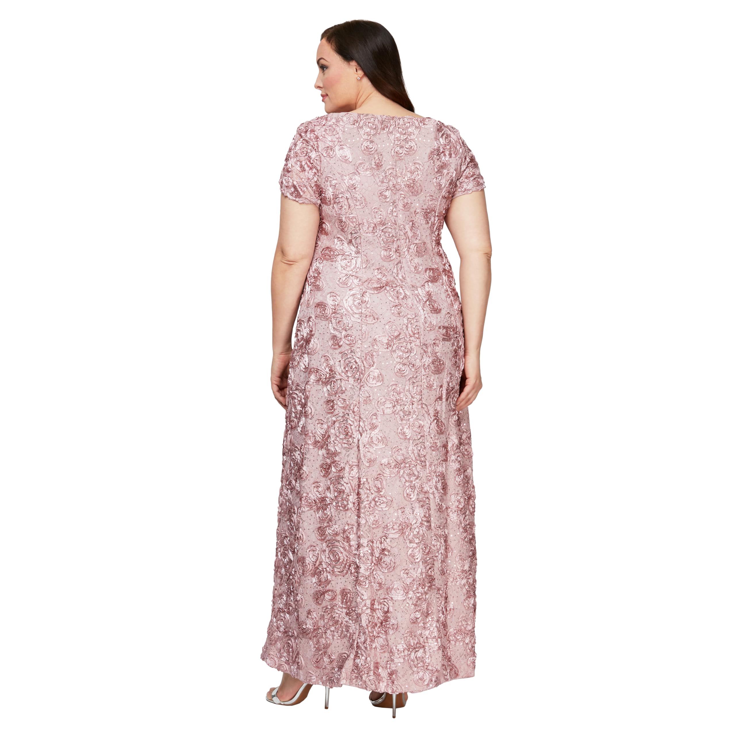 Alex Evenings Women's Plus Size Long Rosette Mother of The Bride Dress with Short Sleeves | Formal Evening Gown for Wedding Guest, Special Occasions & Black Tie Events
