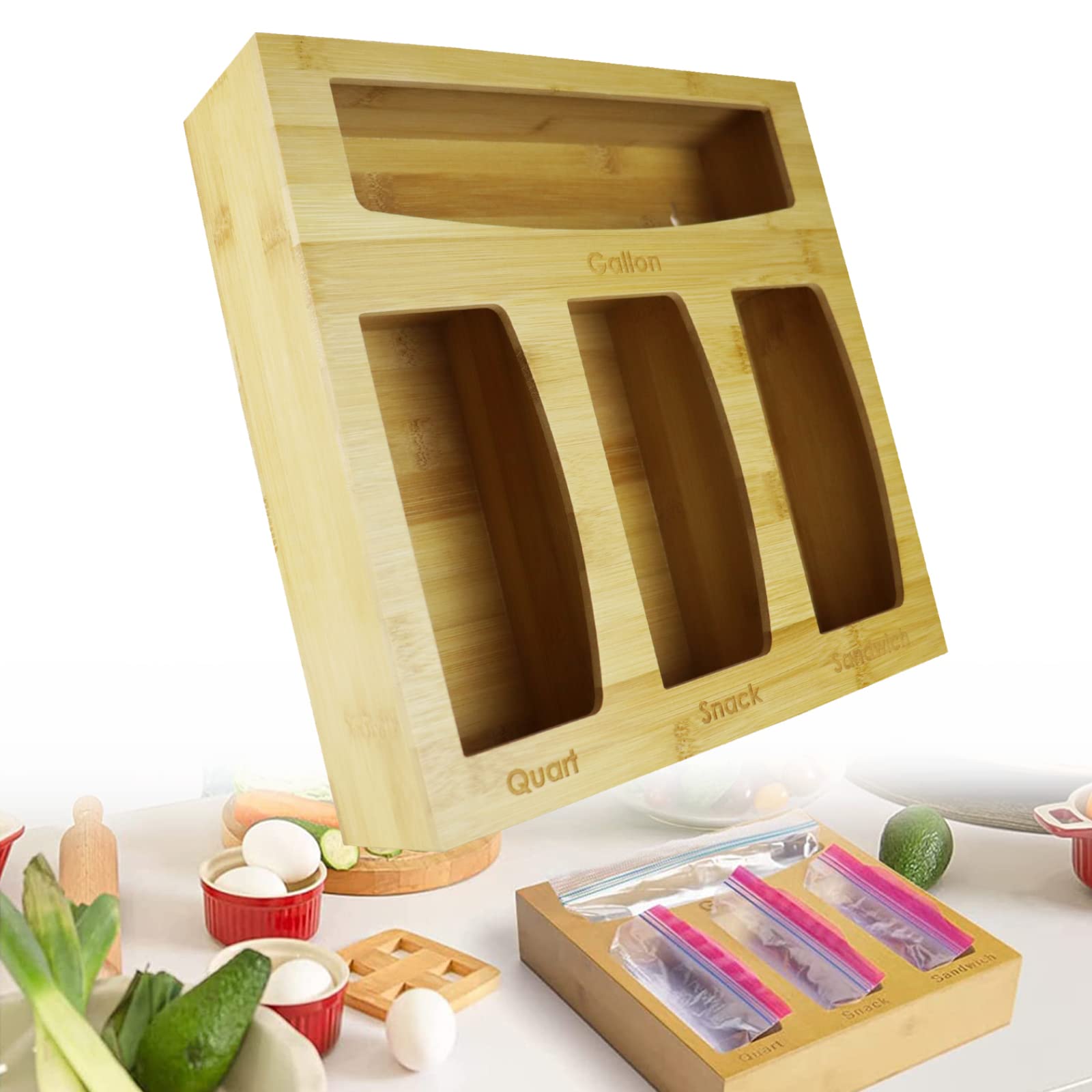Eco-Friendly Bamboo Ziplock Bag Organizer - Drawer Storage Solution for Gallon, Quart, Sandwich & Snack Bags - Compatible with Ziploc, Solimo, Hefty, Glad & More (1 Pack) - Perfect for Kitchen Pantry, Office Supplies & Travel Organization