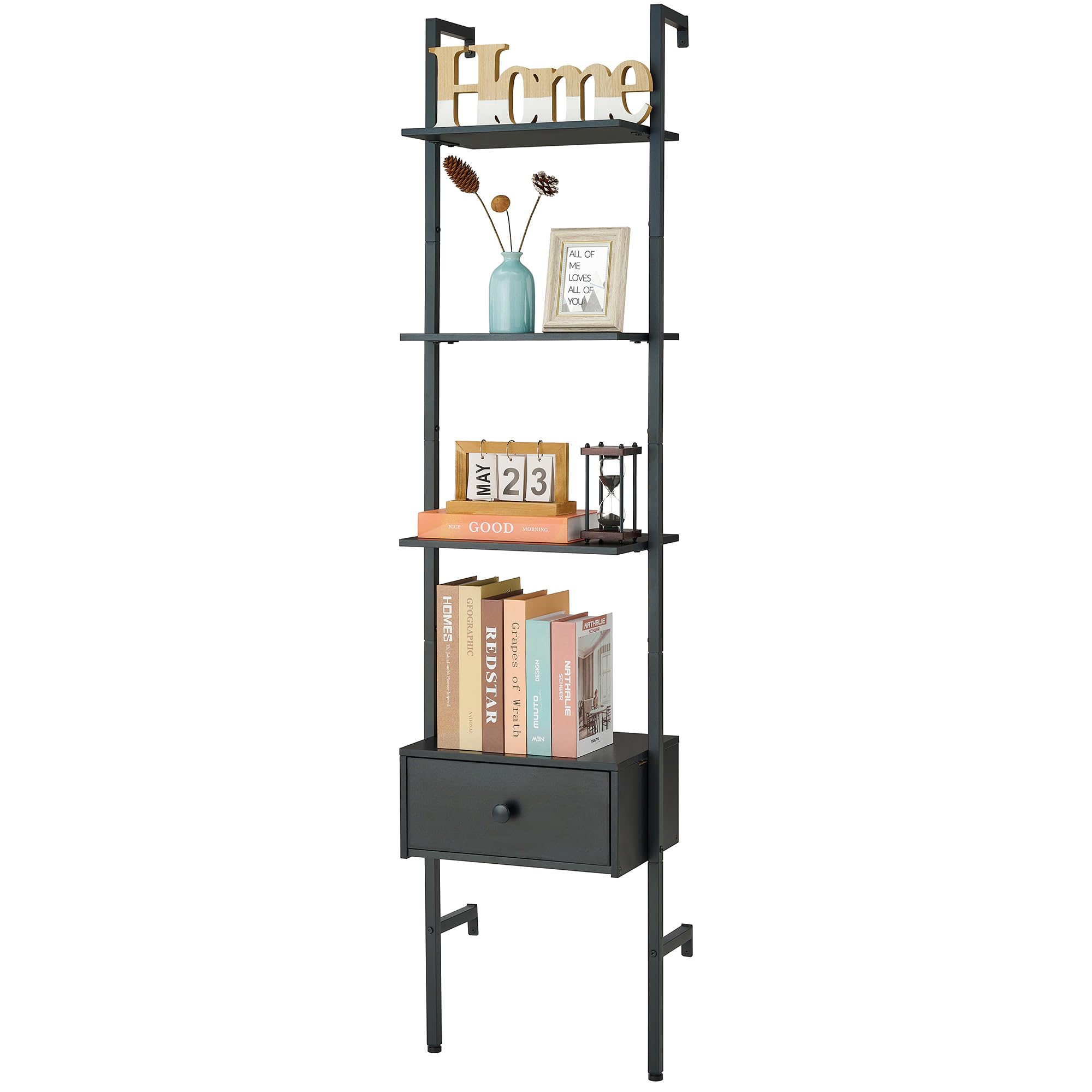 Tajsoon 4-Tier Wooden Ladder Shelf with Drawers - Wall Mounted Bookcase Storage Shelves for Home Office, Bedroom & Living Room - Space Saving Organizer for Books, Decor & Essentials (Black)